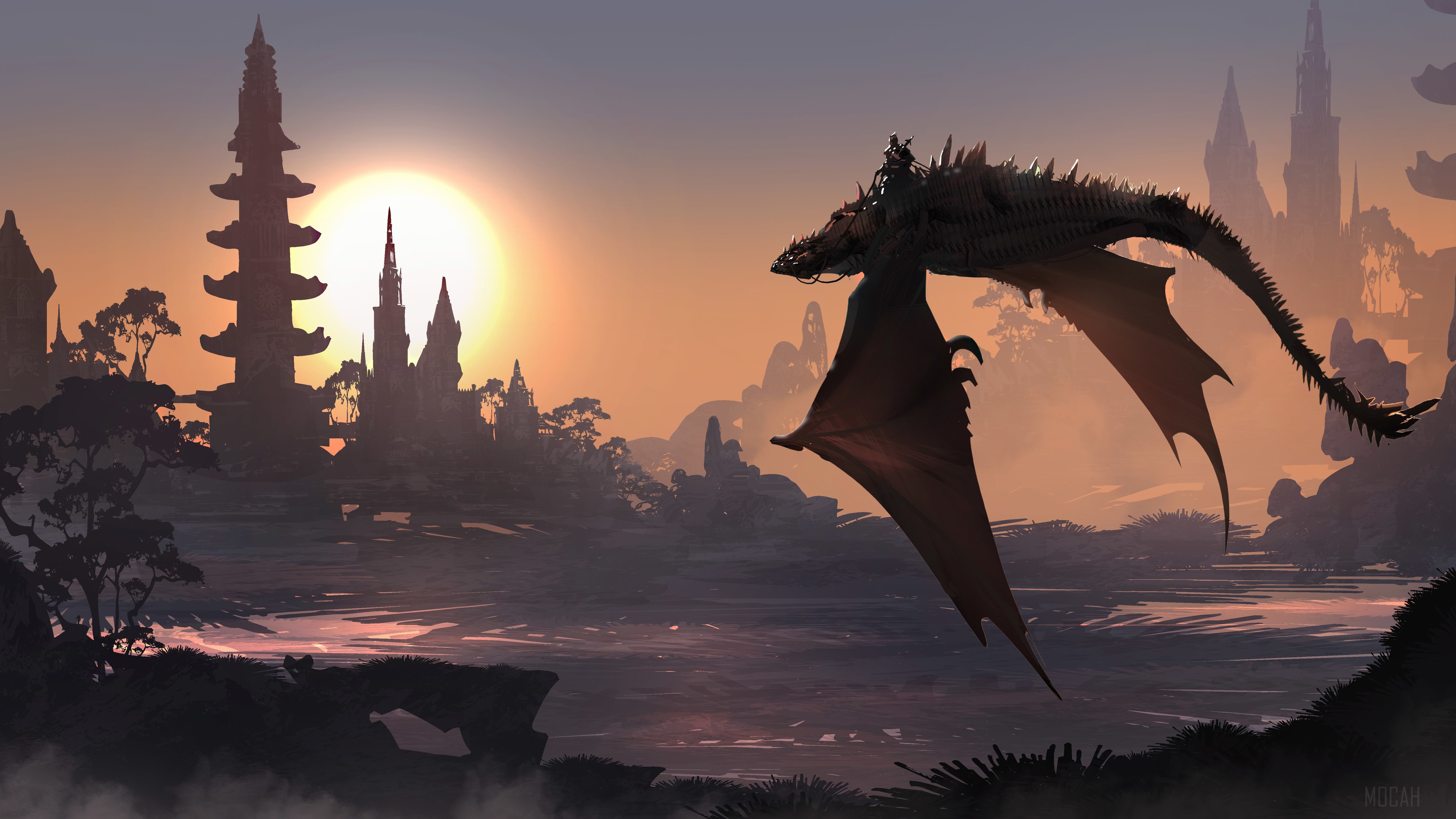 Dragon flying over fantasy landscape at sunset 4K HD Wallpaper