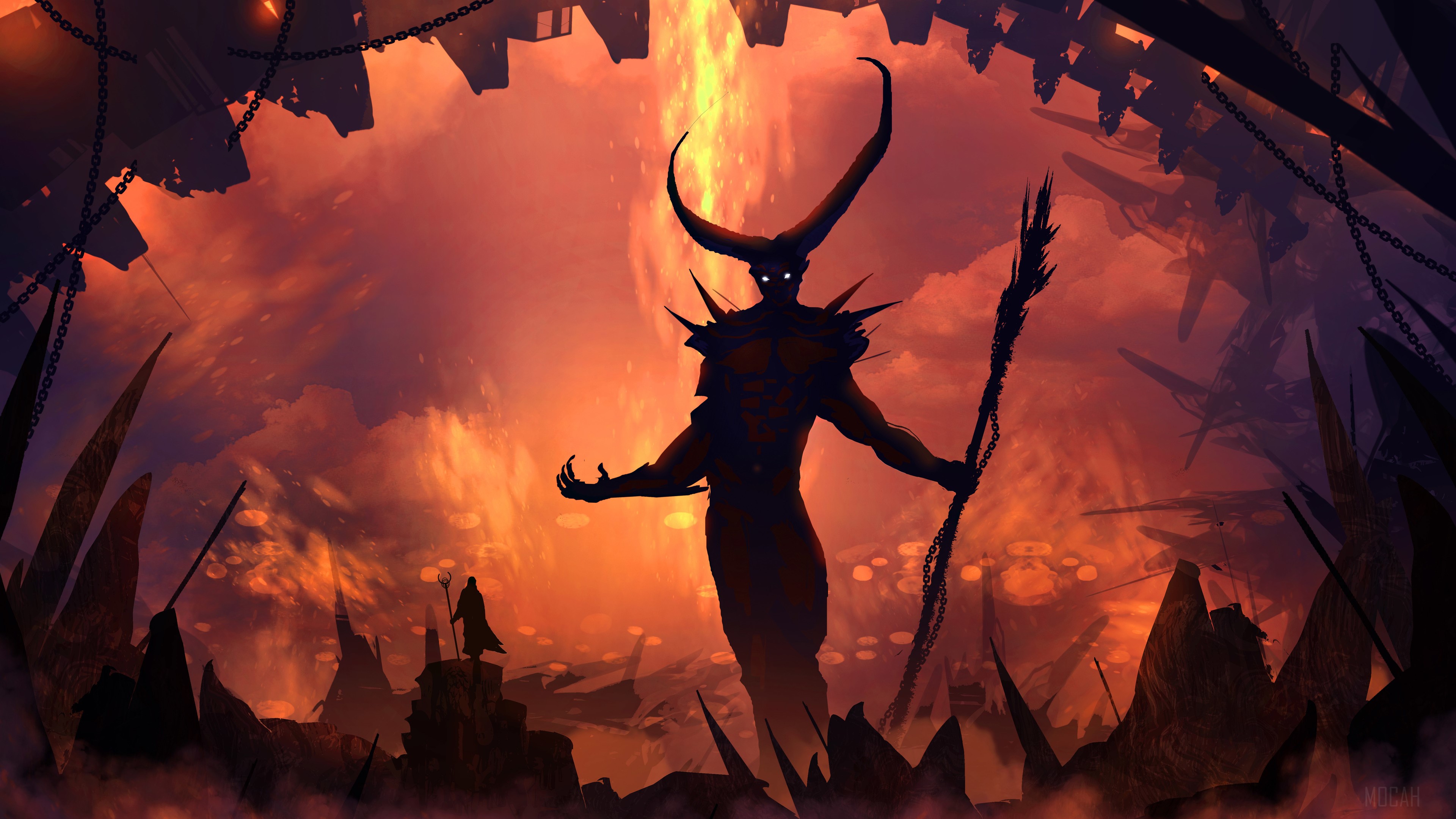 Demon with horns in a fiery landscape 4K HD Wallpaper