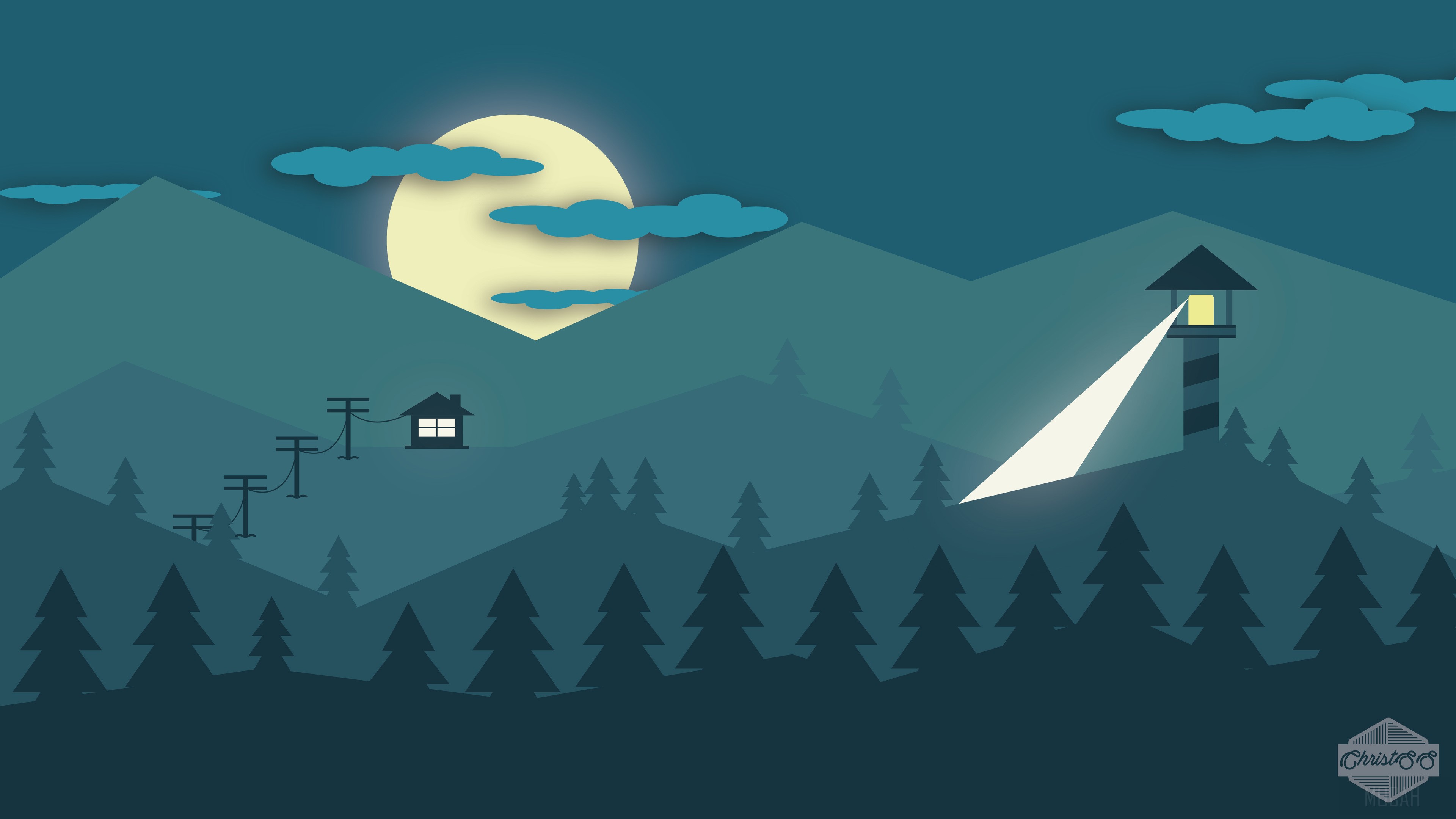 Minimalist Mountains Lighthouse 4K HD Wallpaper
