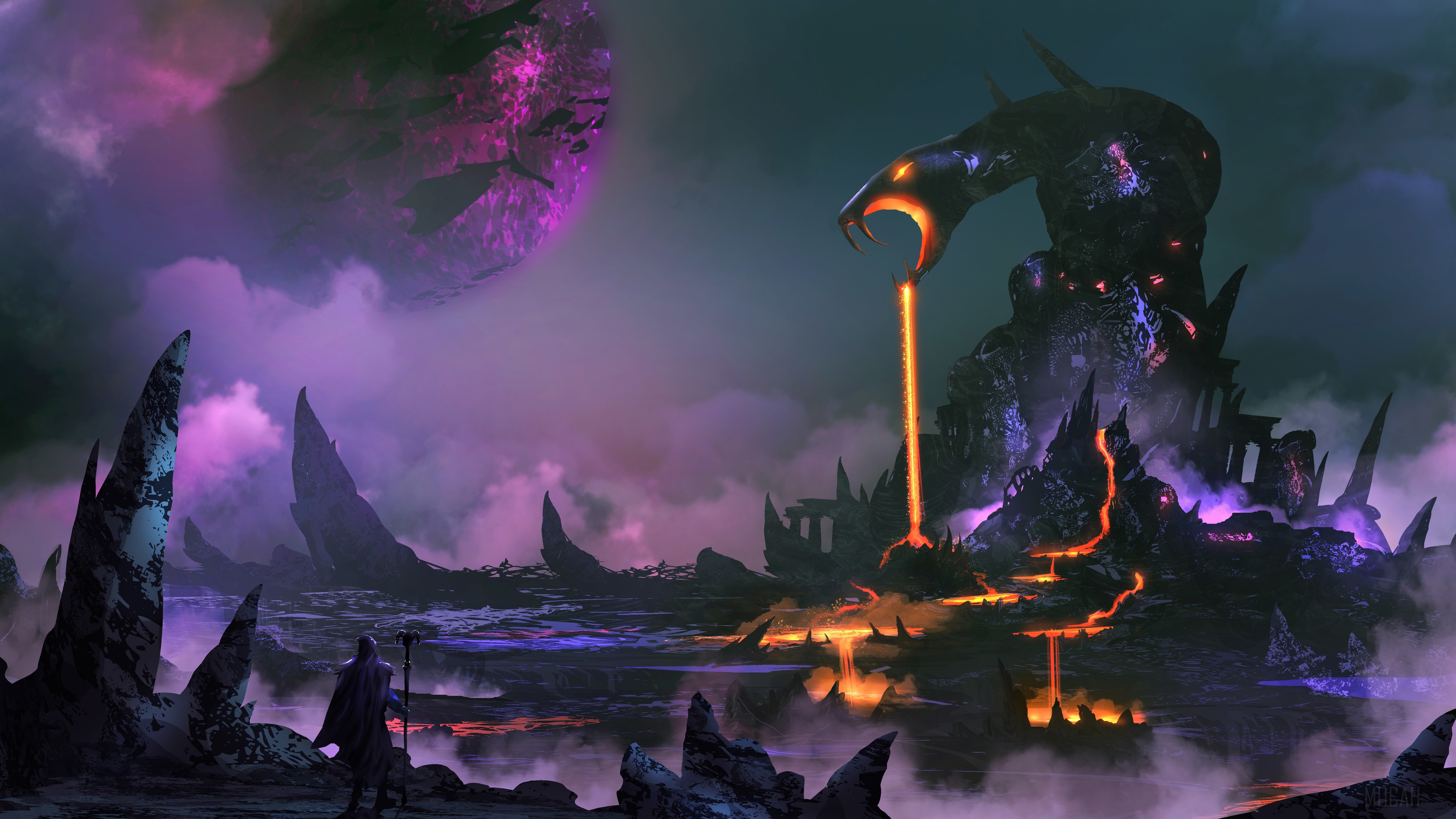 Monster spewing lava in a dark fantasy landscape 4K HD Wallpaper