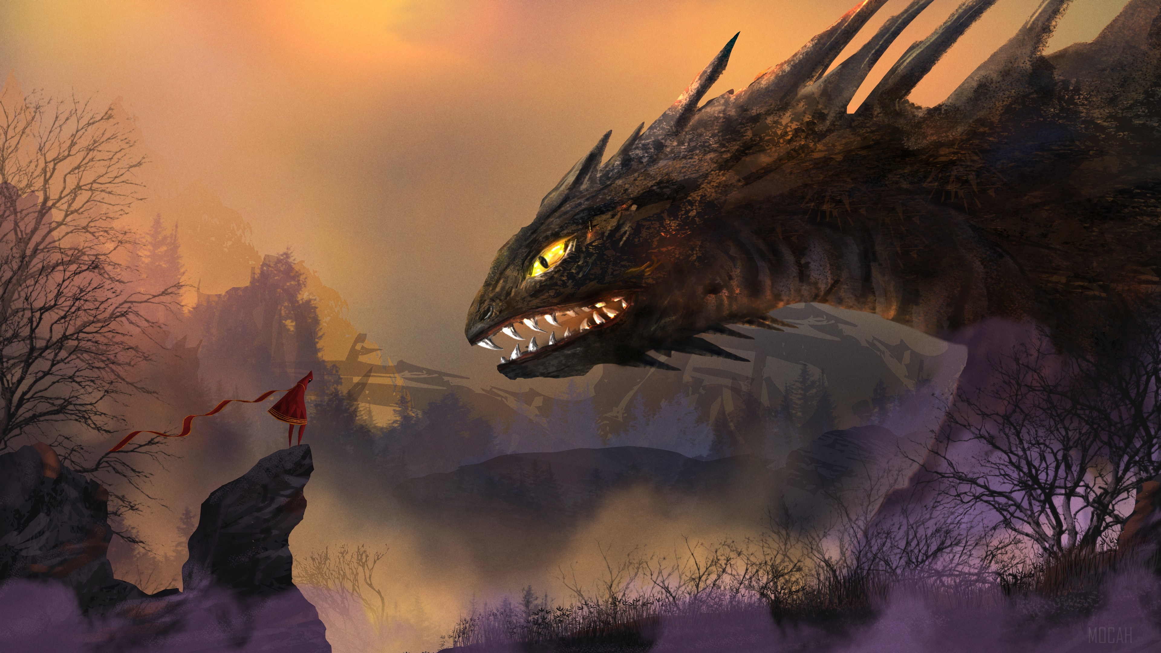 Dragon and a girl in a red cloak HD Wallpaper