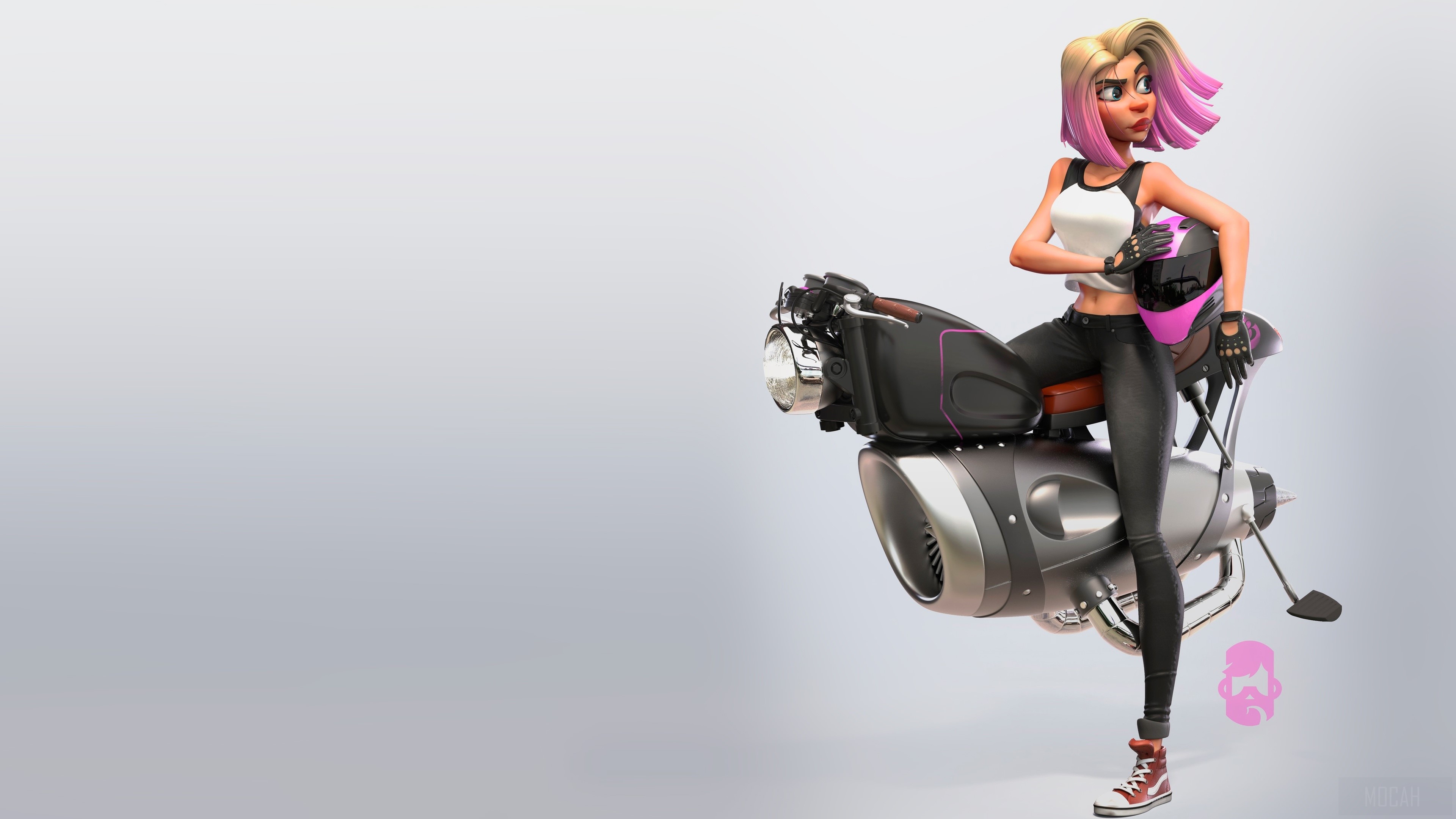 Girl with pink-tipped hair on a motorcycle HD Wallpaper