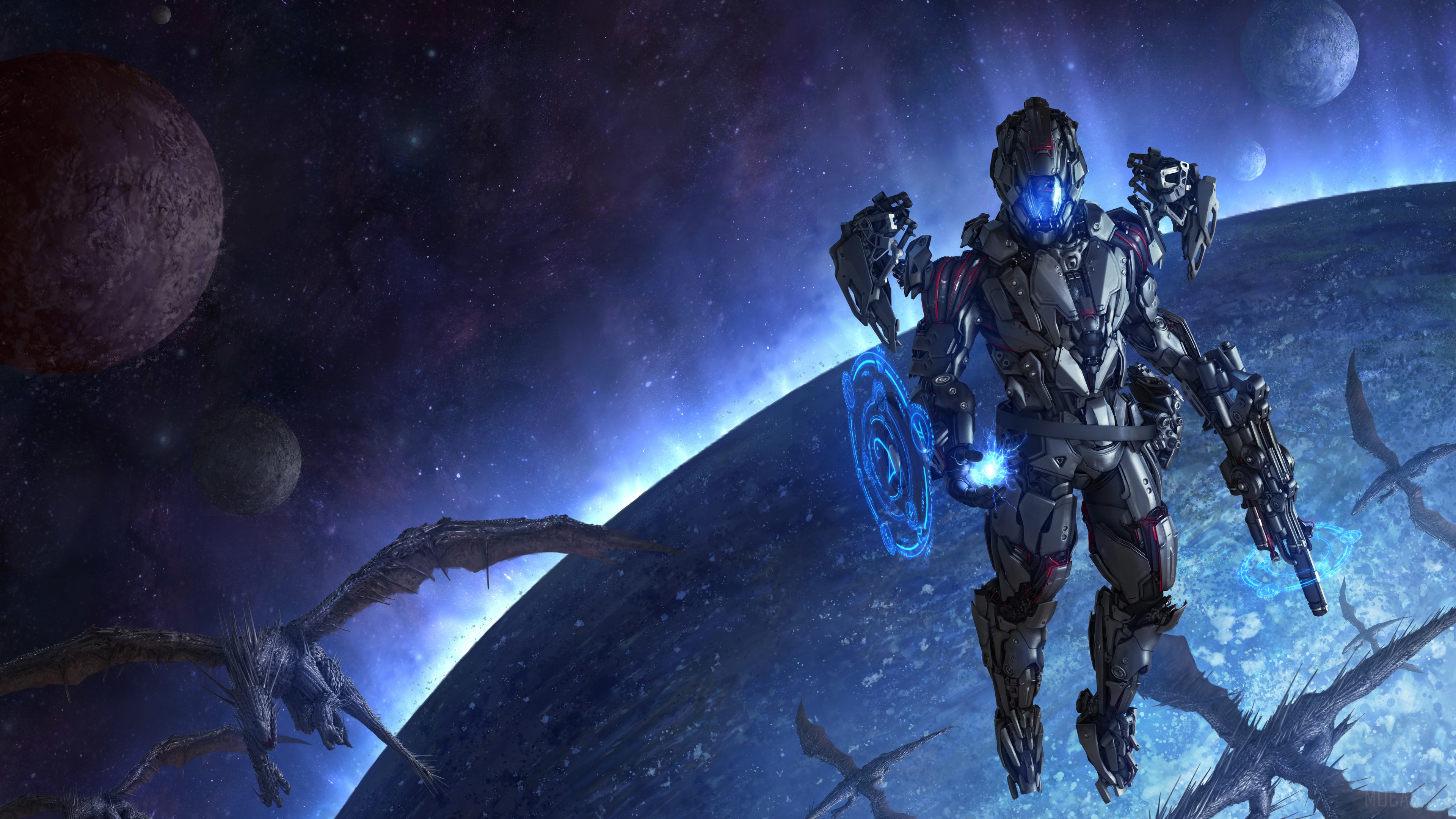 Scifi Cyborg with Dragons in Space 4K HD Wallpaper