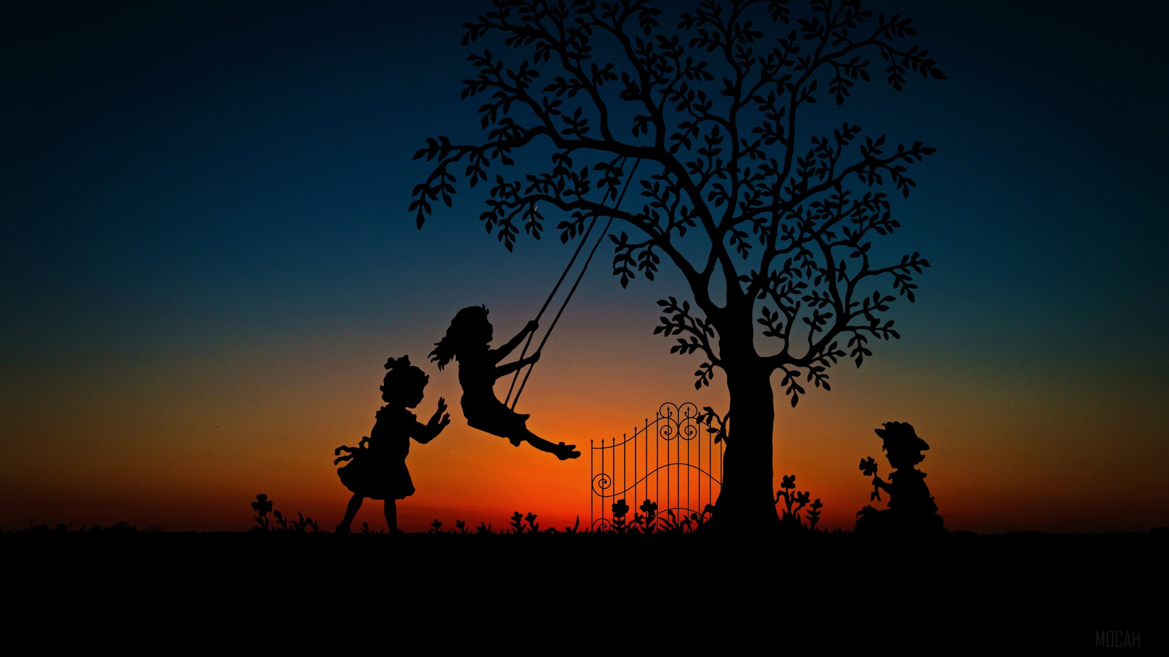 Children playing on a swing at sunset 4K HD Wallpaper