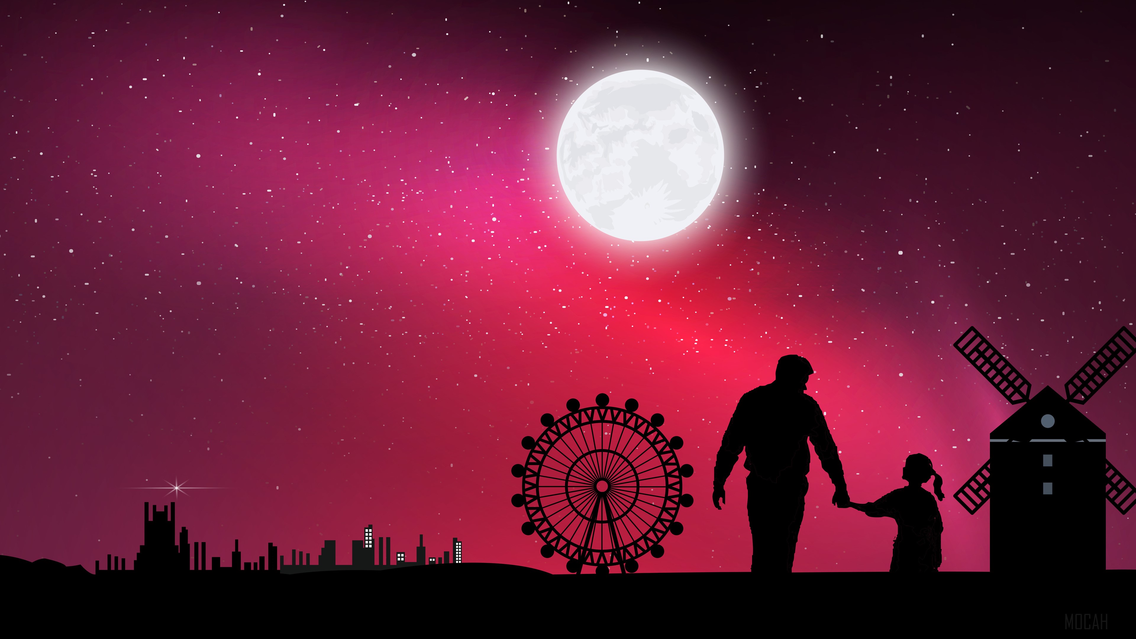 Father and Daughter under the Moon 4K HD Wallpaper