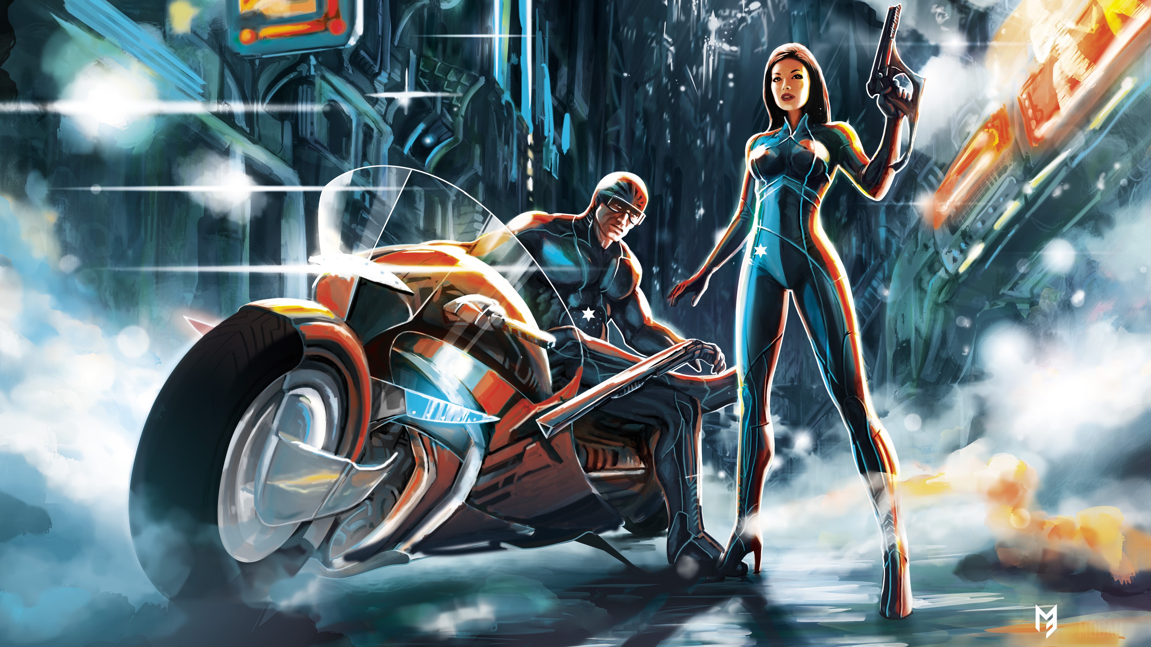 Sci-fi warrior and woman with motorcycle HD Wallpaper