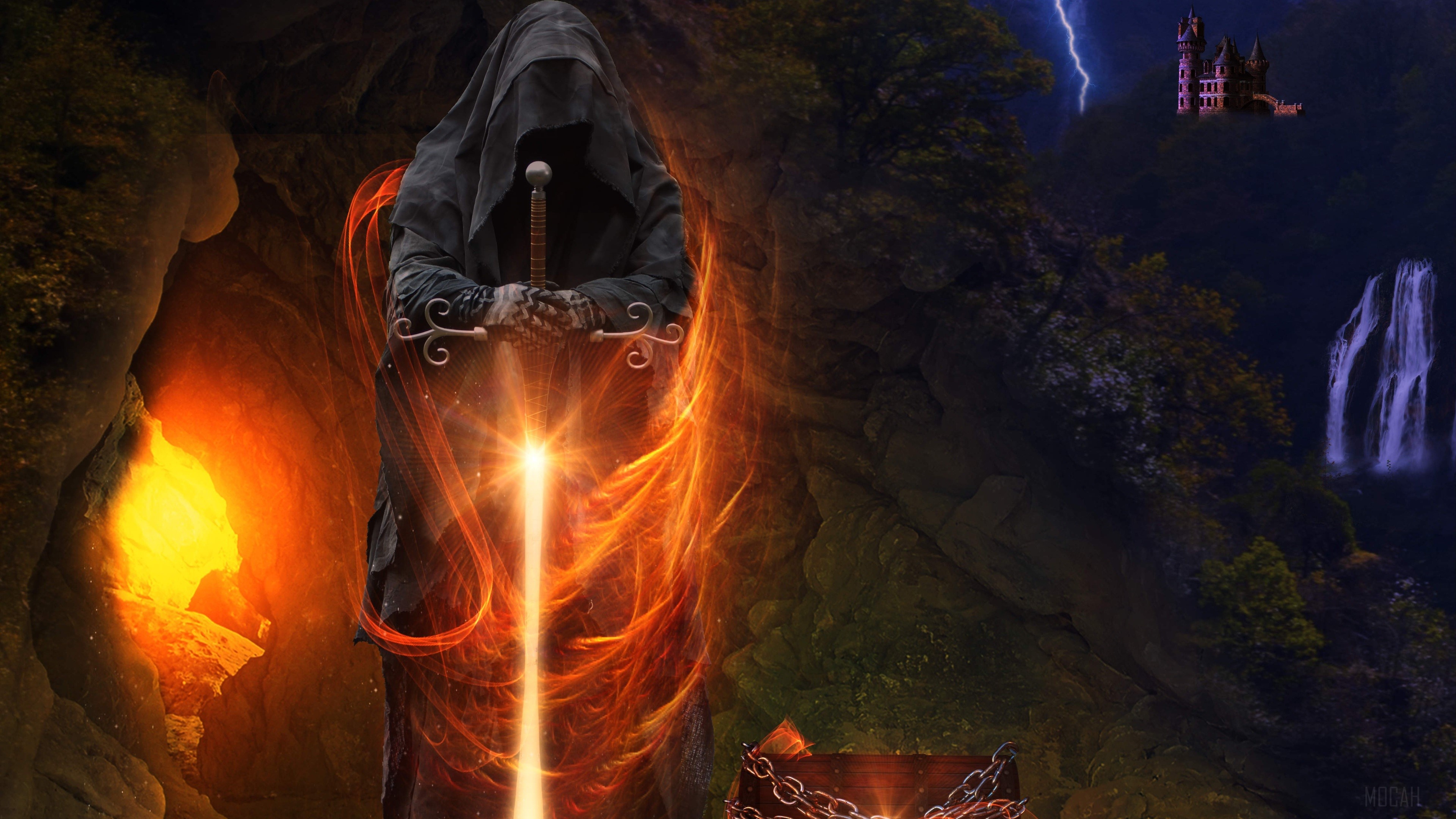 Figure in Hood Holding Flaming Sword Near Treasure Chest HD Wallpaper