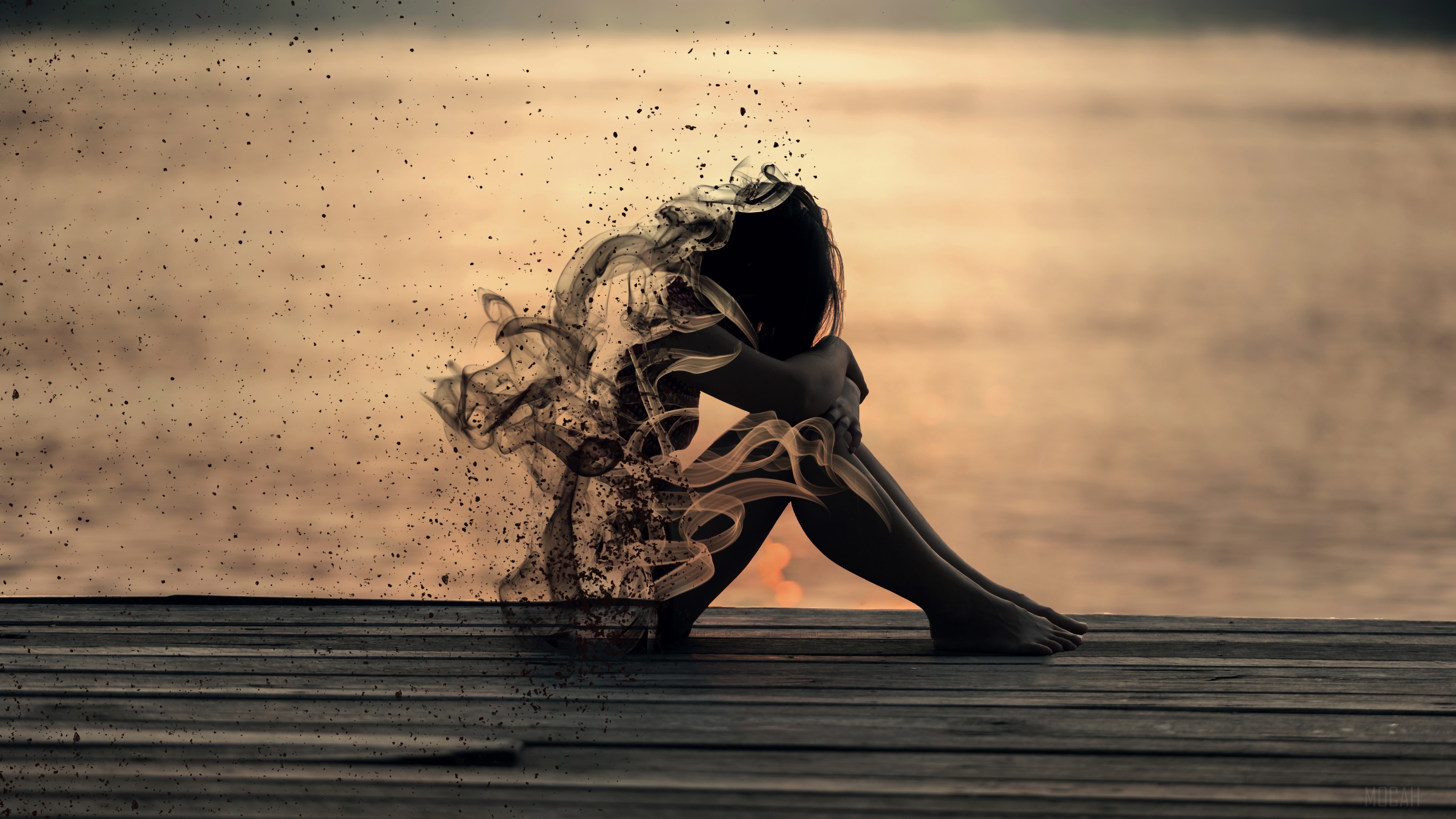 Girl Sitting On Pier Artwork HD Wallpaper