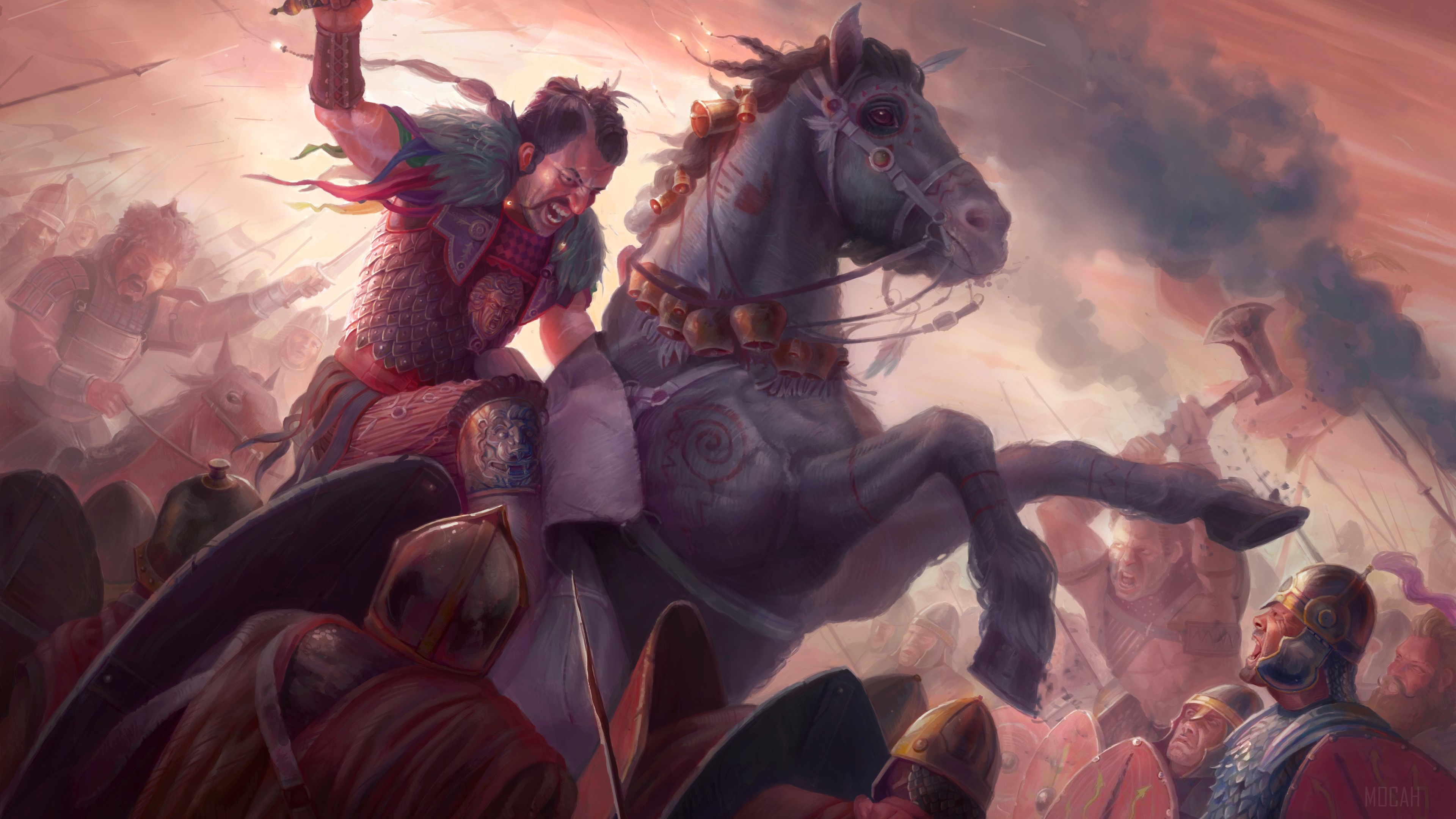 Battle scene with warrior on horseback and soldiers HD Wallpaper