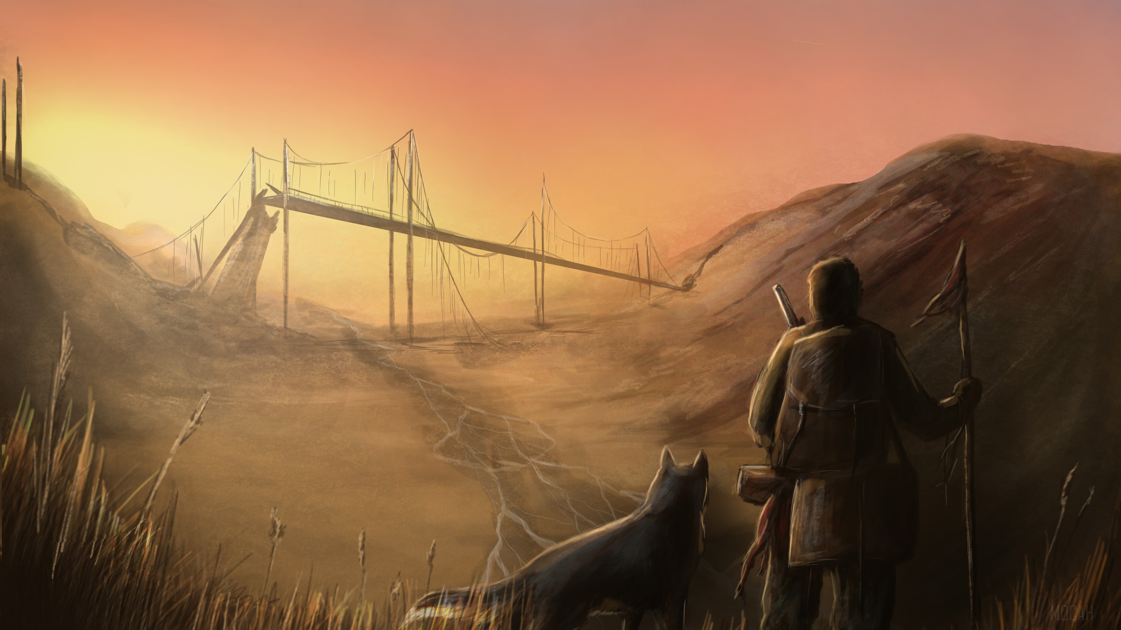 Man and dog in a desolate landscape with a broken bridge HD Wallpaper