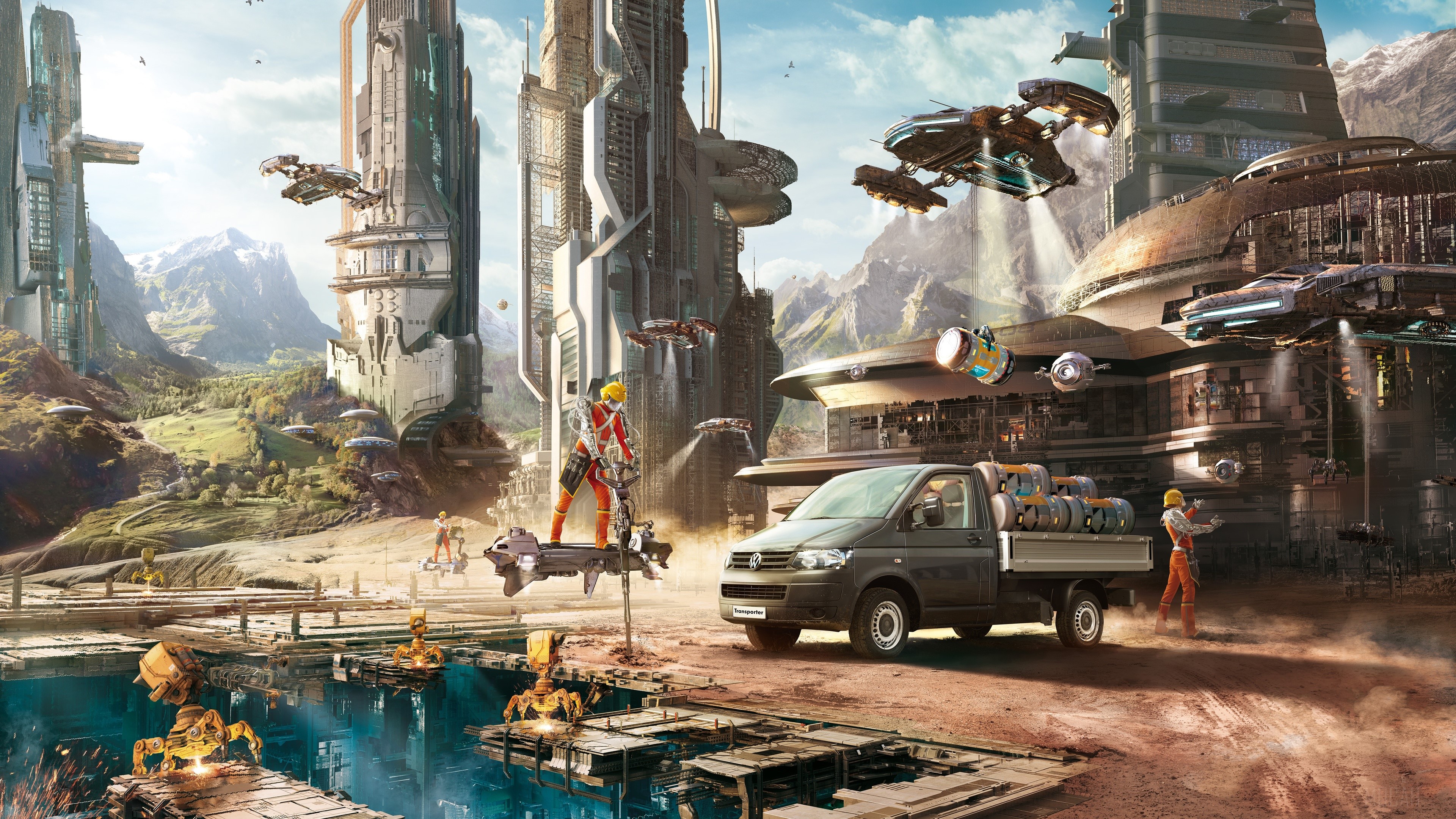 Futuristic City Construction with Robots and Flying Vehicles 4K HD Wallpaper