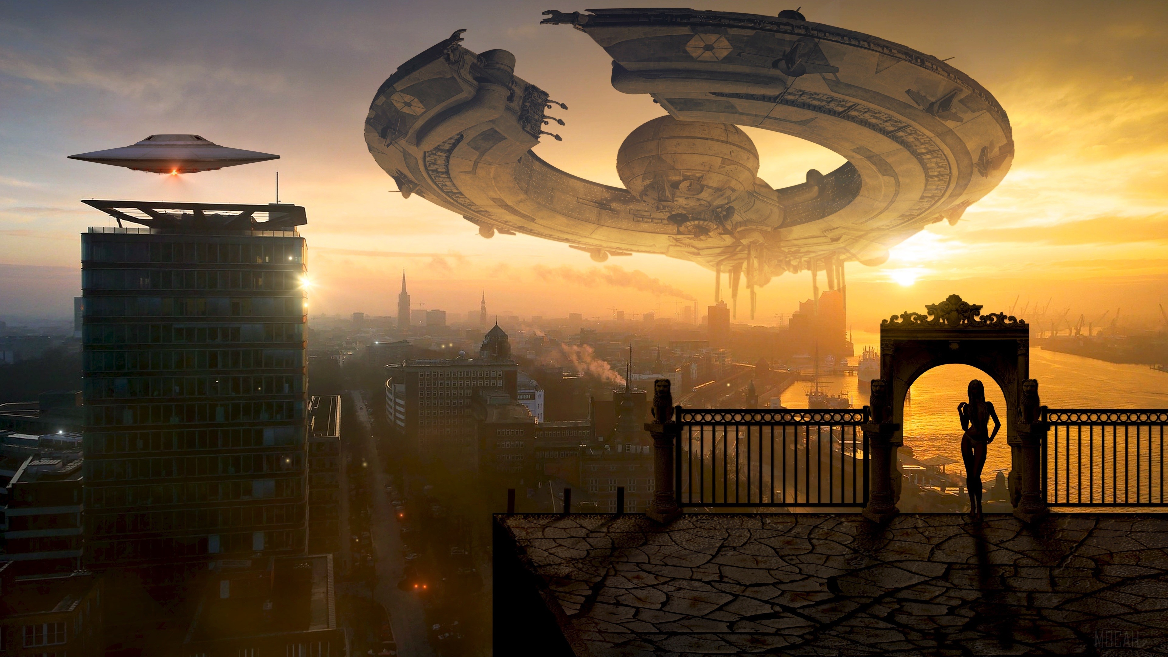 Sci-fi Cityscape with UFOs at Sunset 4K HD Wallpaper