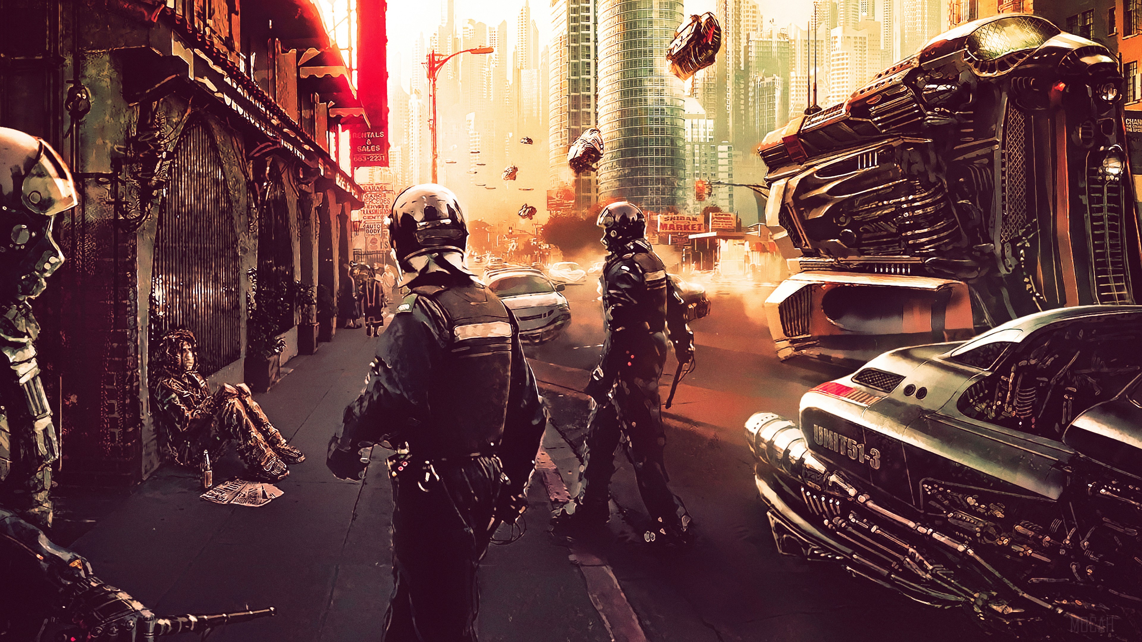 Cyberpunk police officers in a futuristic city street HD Wallpaper