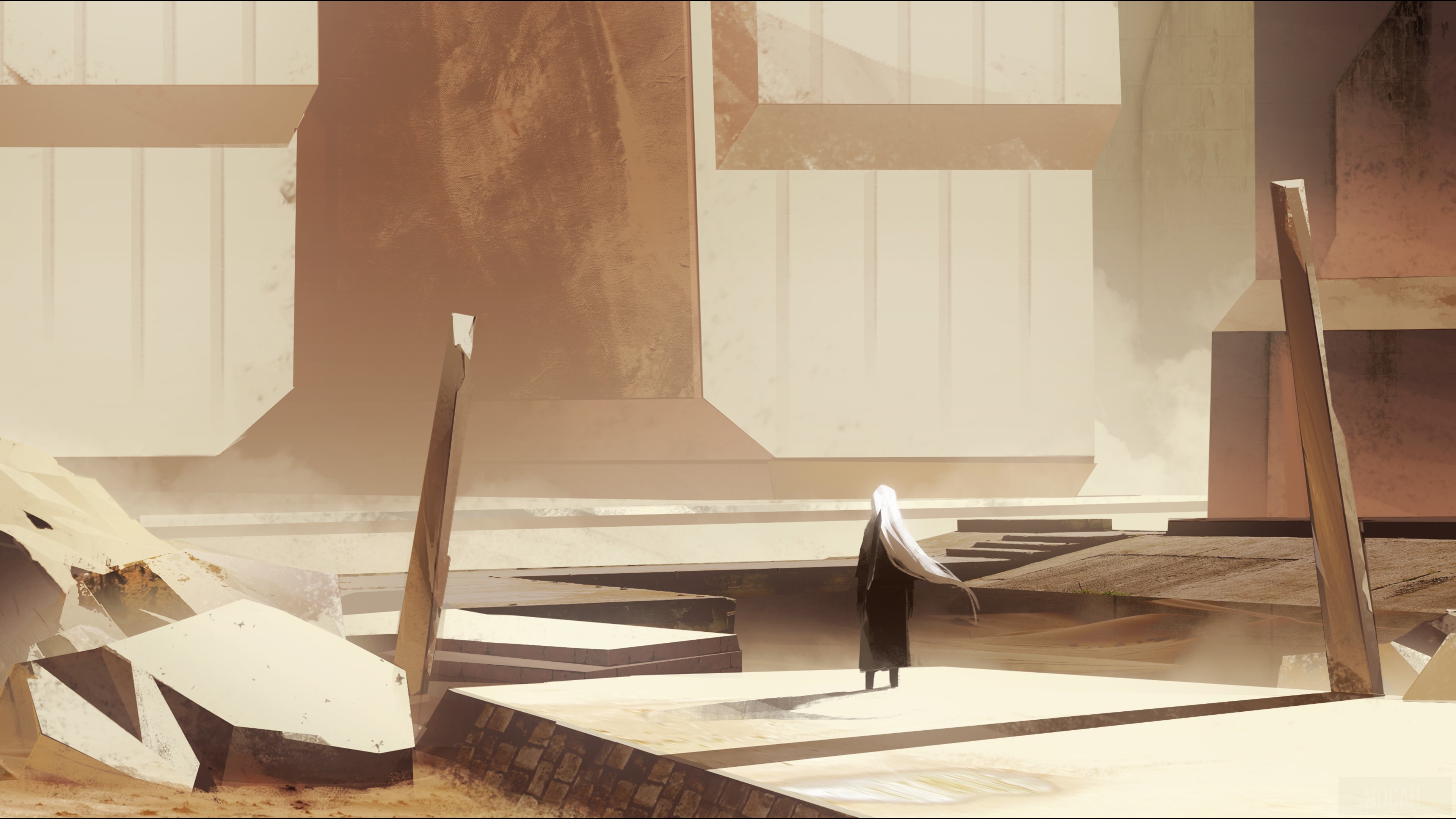 Girl with white hair in a ruined desert landscape 4K HD Wallpaper