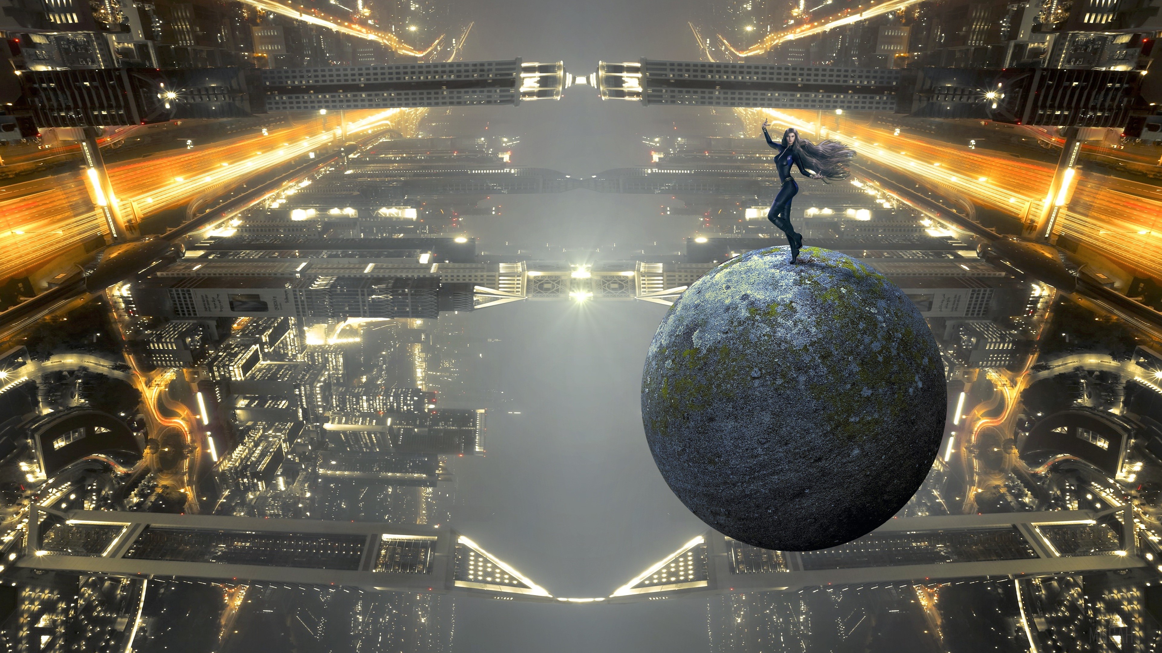 Woman on a rock overlooking a futuristic city HD Wallpaper
