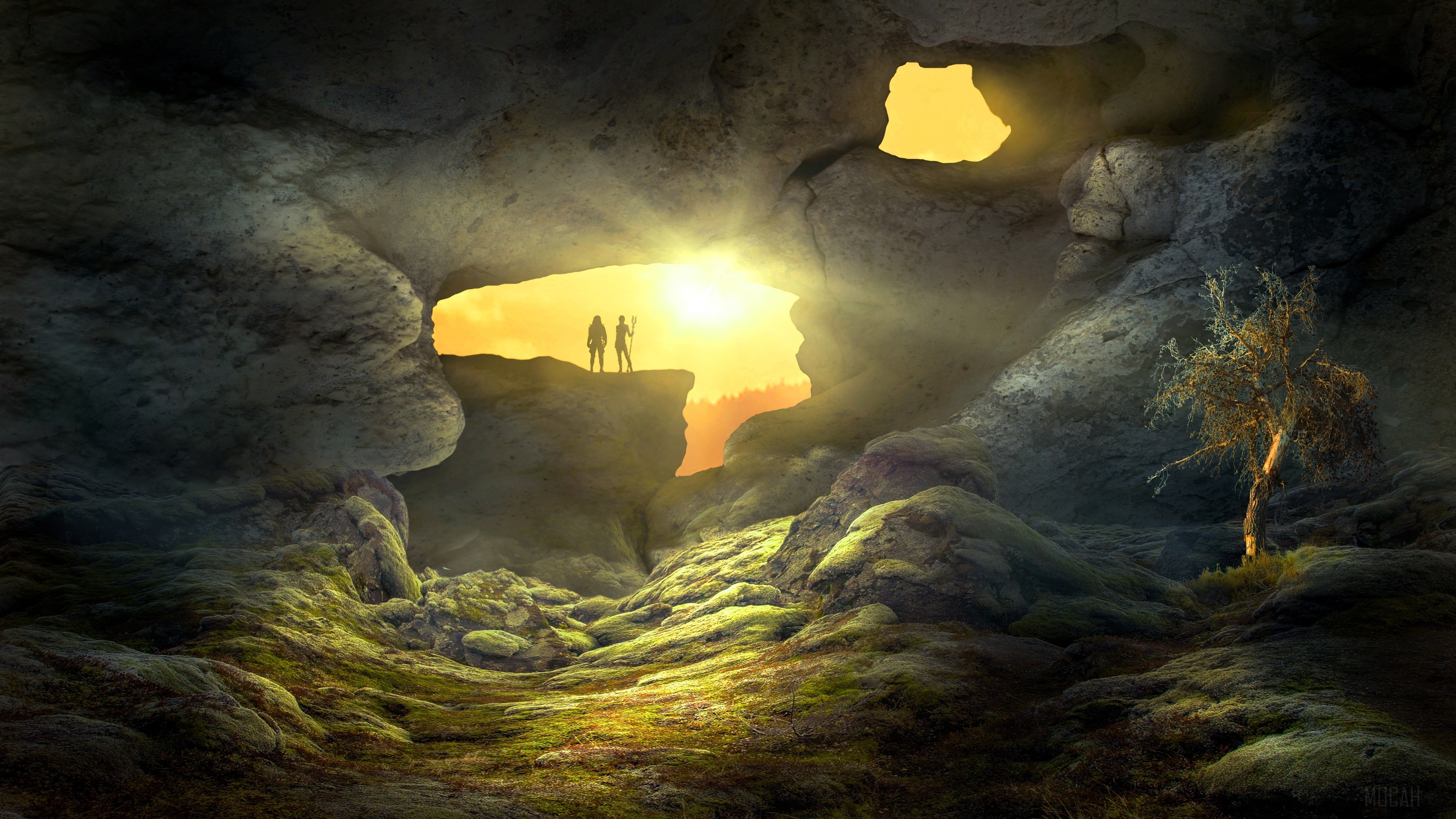 Fantasy Landscape Cave with Two Figures and Tree 4K HD Wallpaper