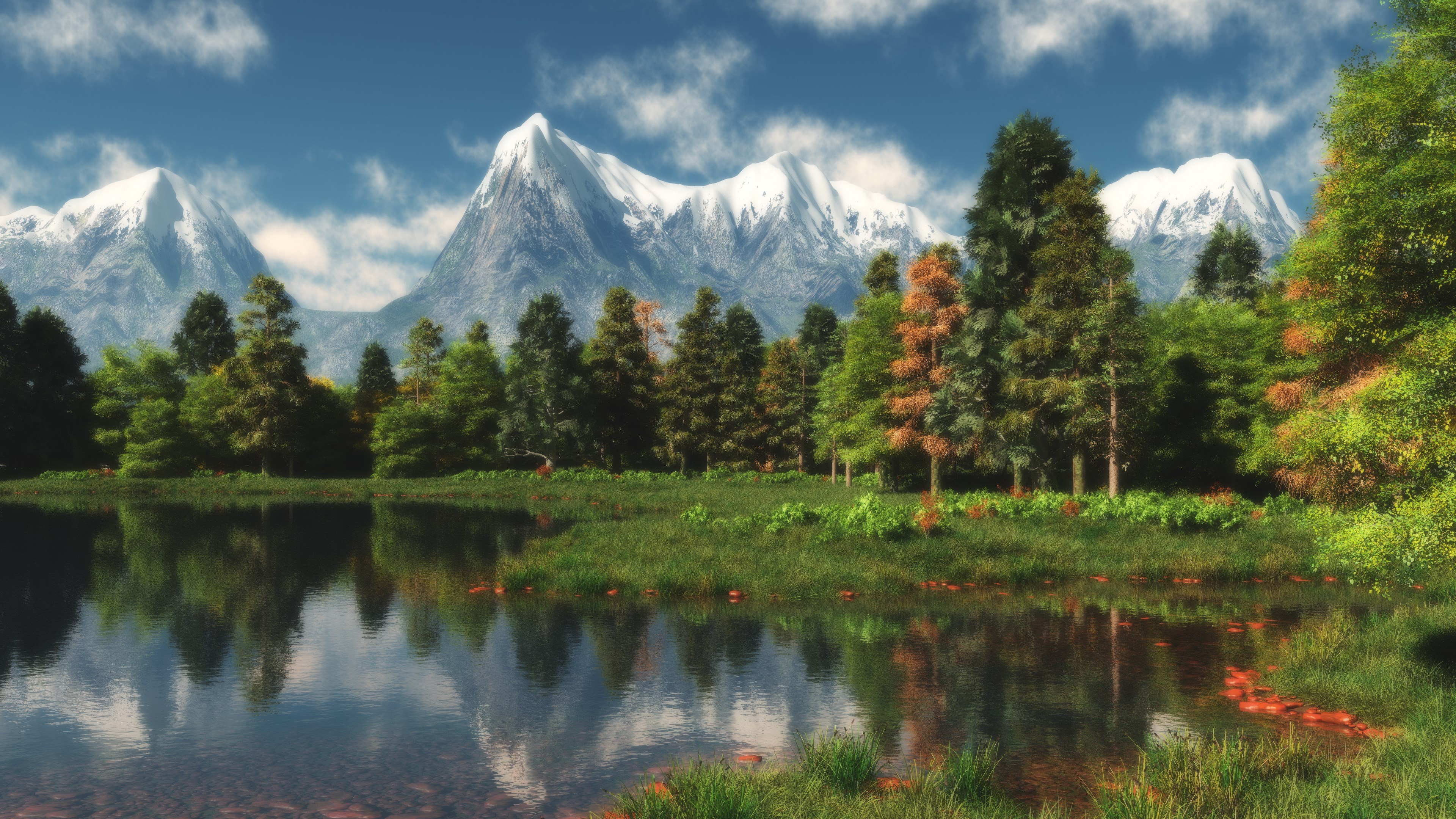 Snow-capped mountains reflected in a lake with trees HD Wallpaper