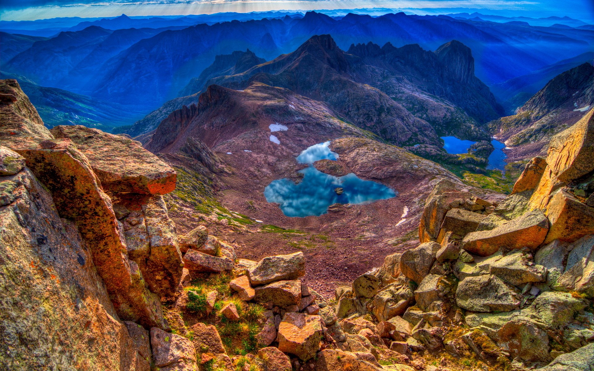Mountain landscape with alpine lakes and rocky foreground HD Wallpaper