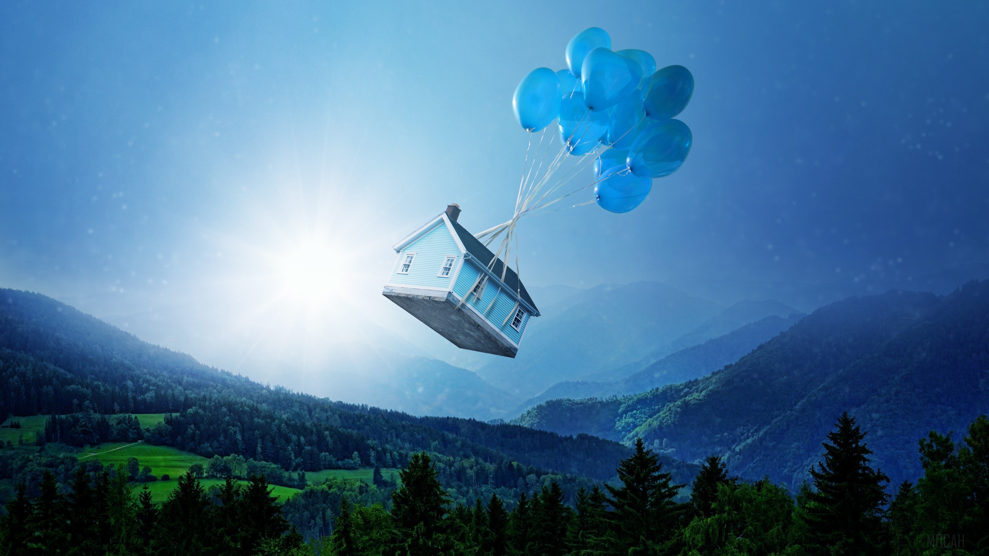Blue Balloons Floating House 4K HD Wallpaper