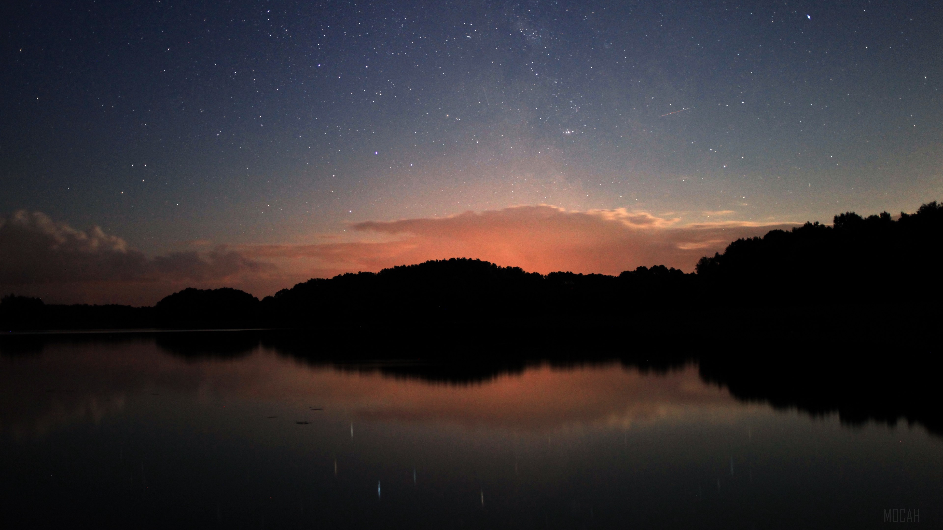 Sunset over lake with stars and reflection 4K HD Wallpaper