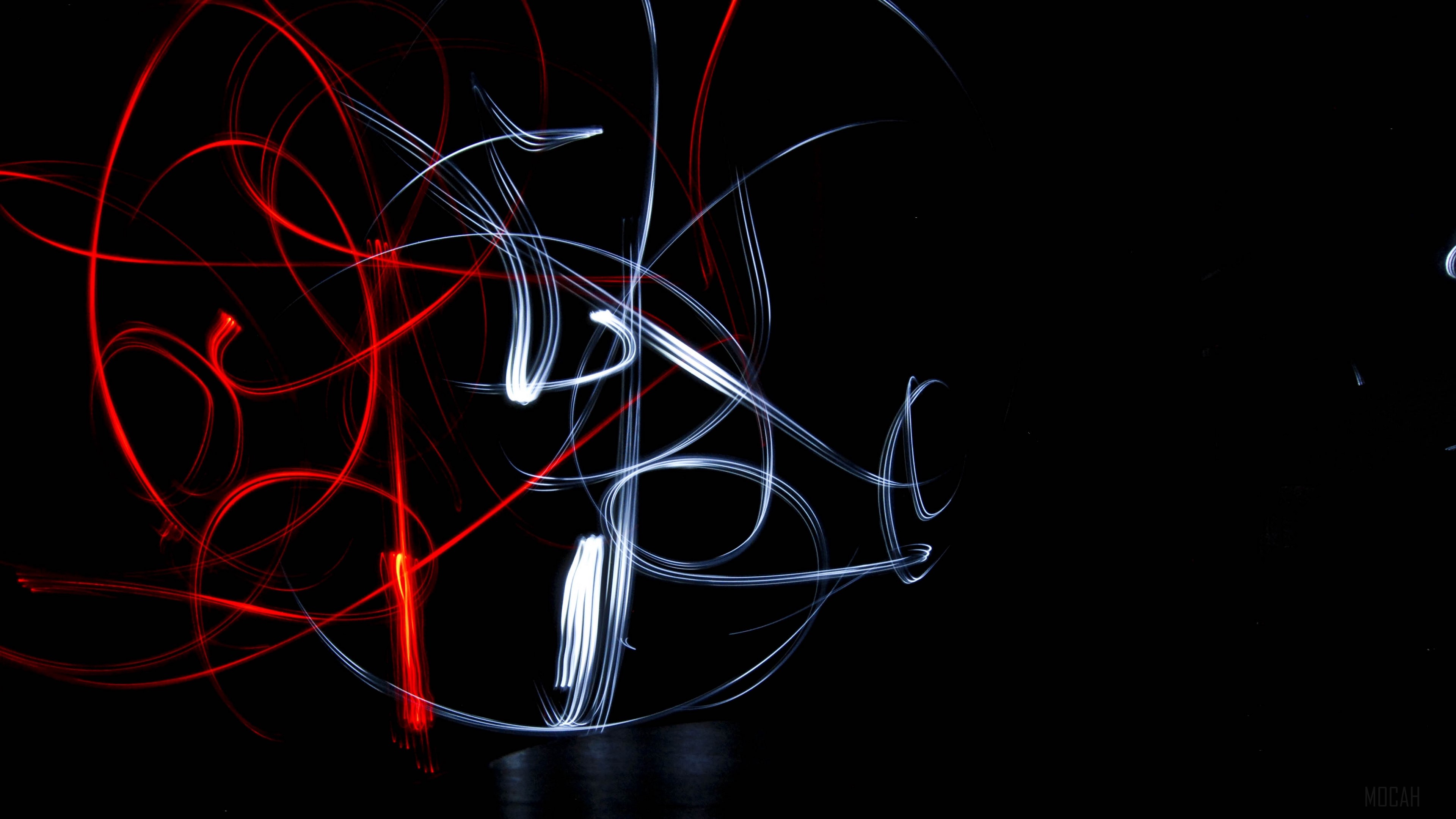 Light art with red and white lines on black background 4K HD Wallpaper