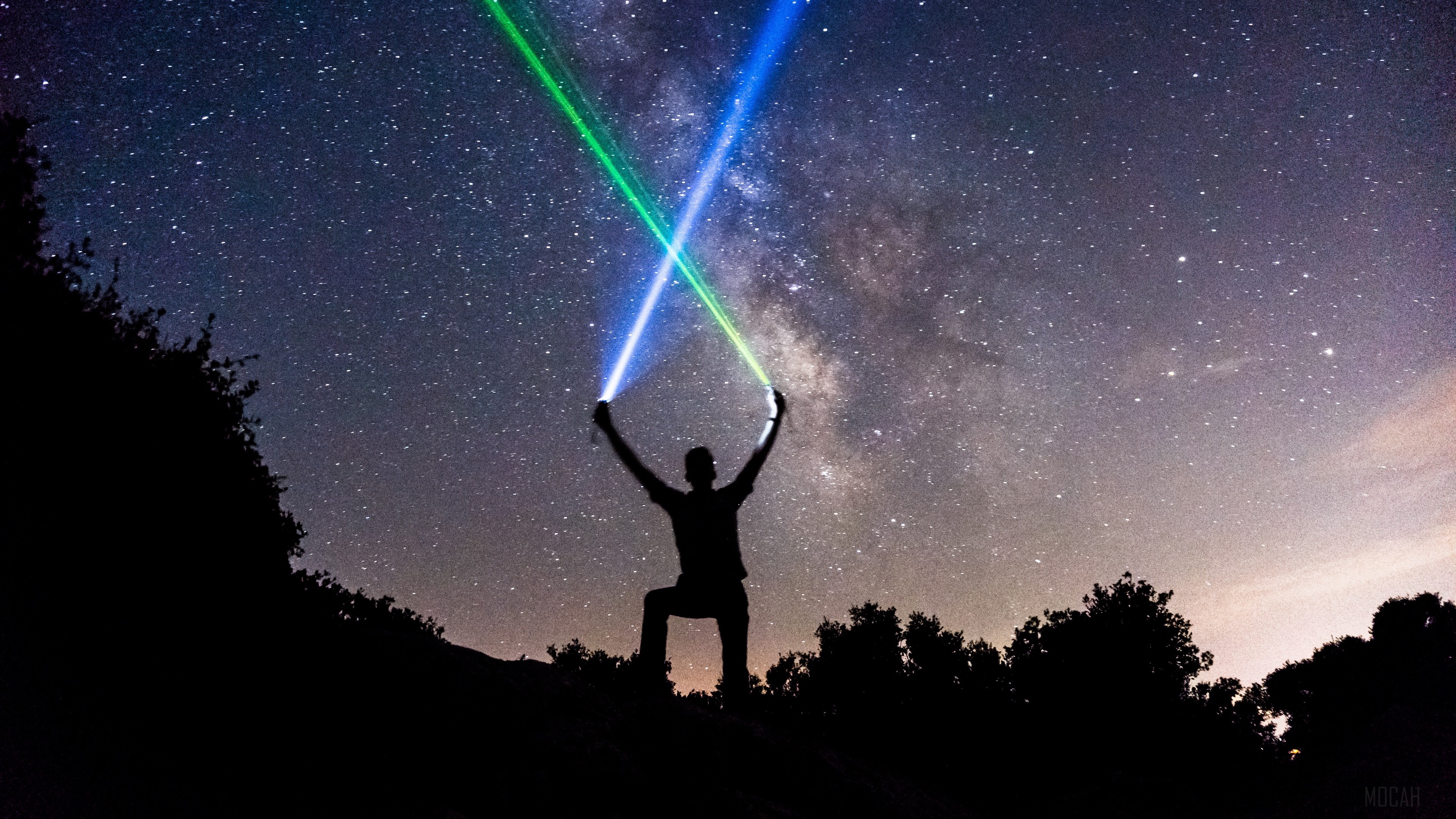 Silhouette with light swords under starry sky HD Wallpaper