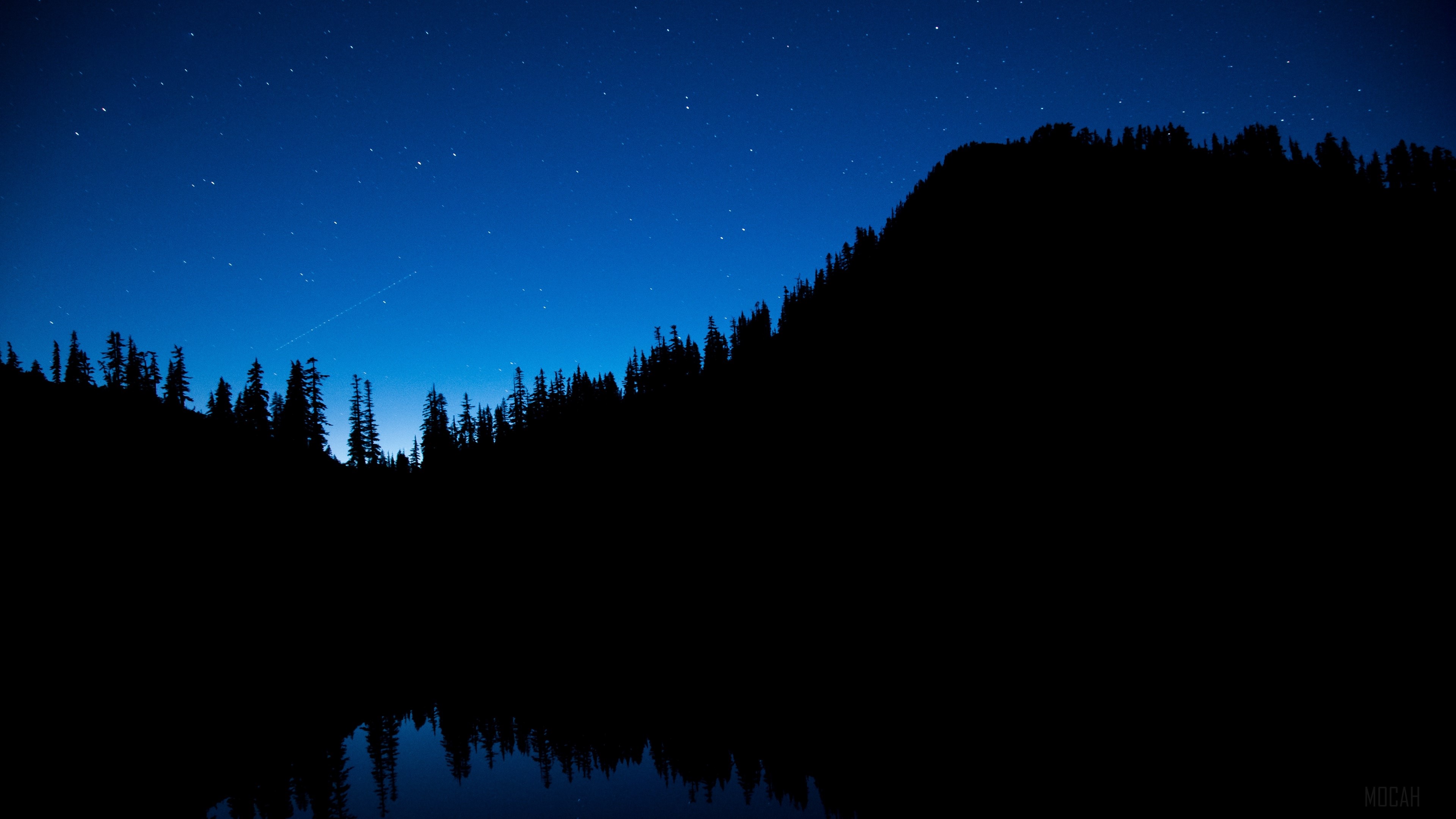 Starry night sky over silhouetted trees and lake HD Wallpaper
