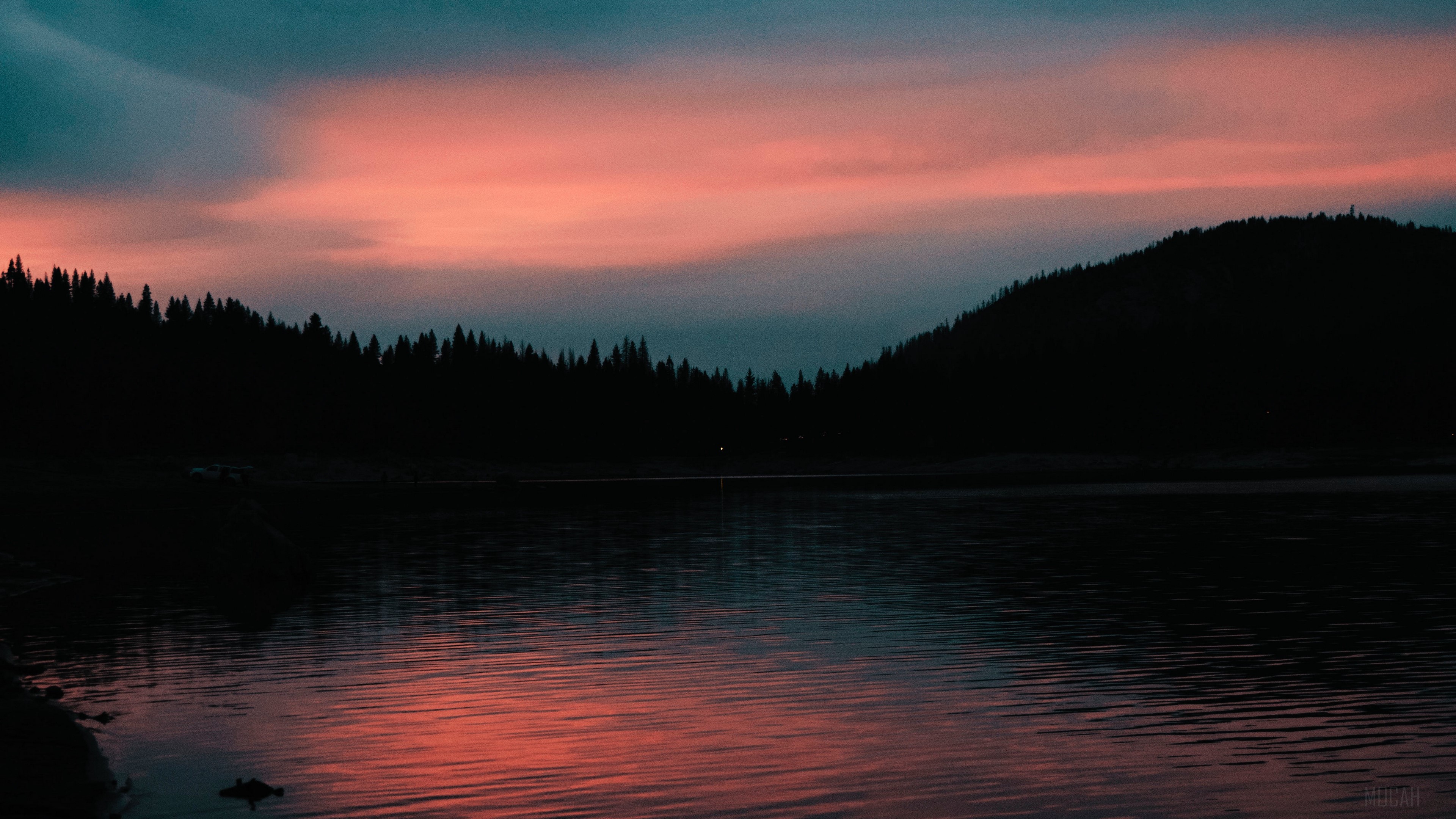 Lake at sunset with trees 4K HD Wallpaper