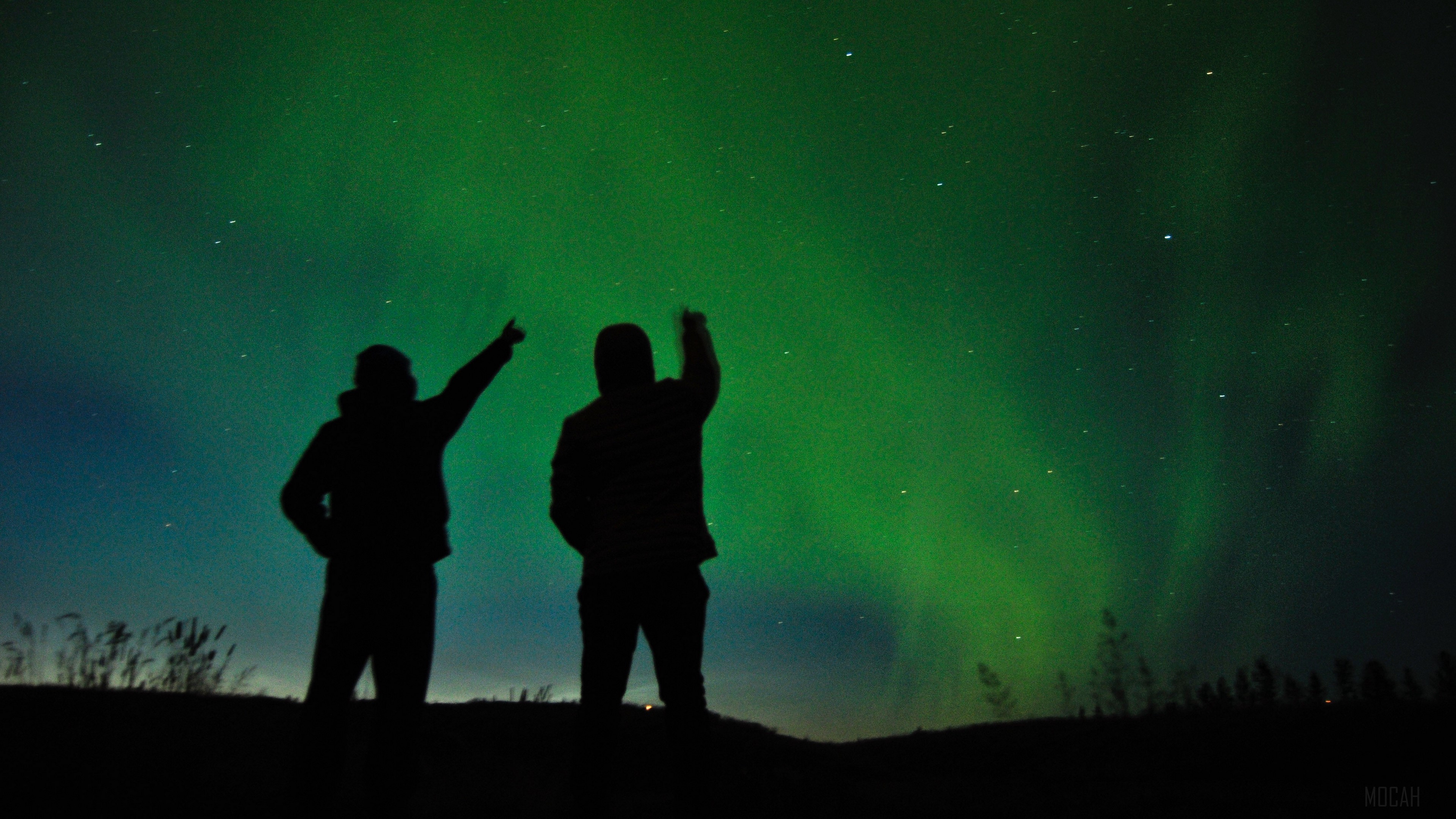 Silhouettes pointing at Aurora Borealis HD Wallpaper