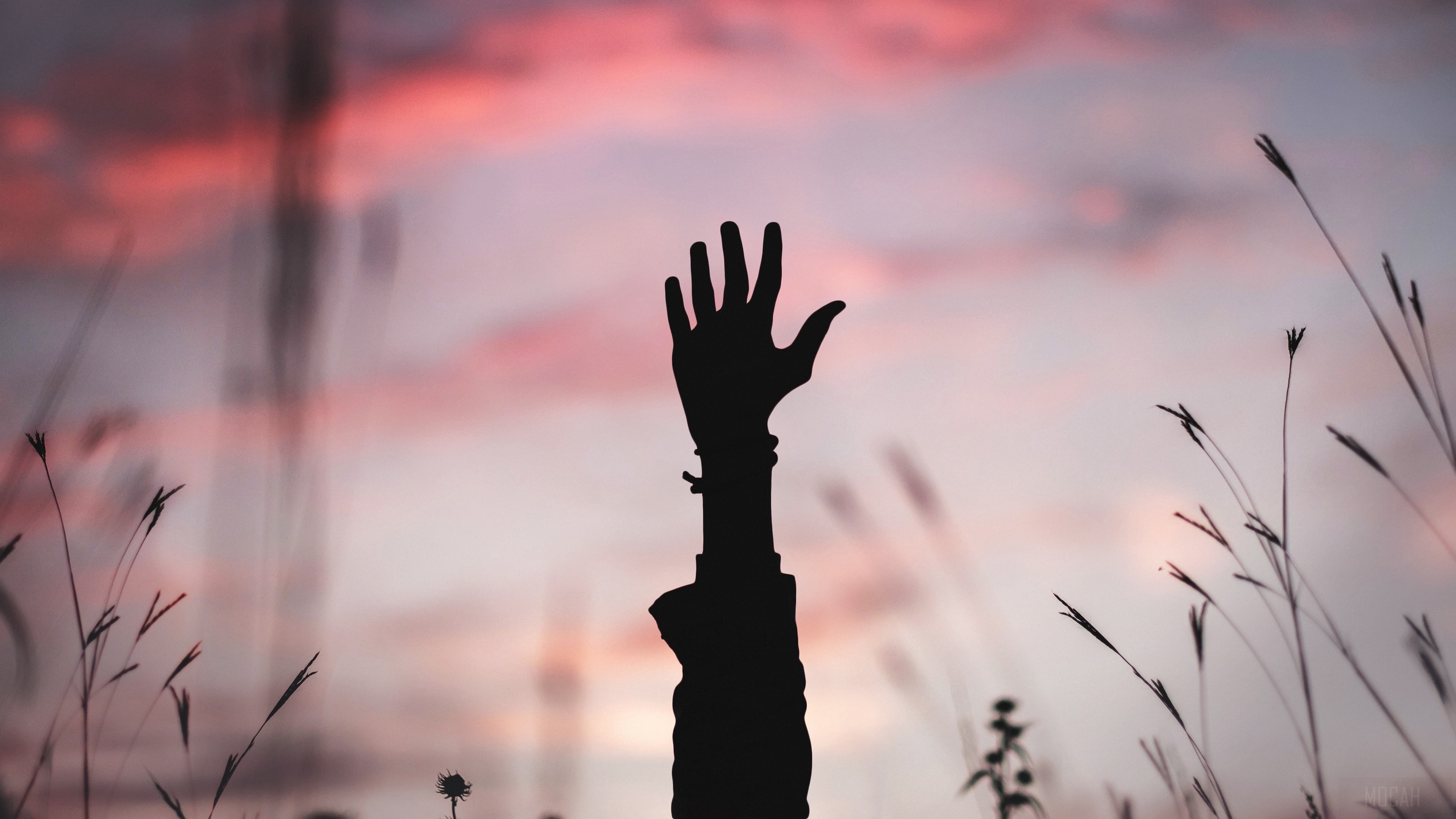 Silhouette of a raised hand against a sunset sky HD Wallpaper