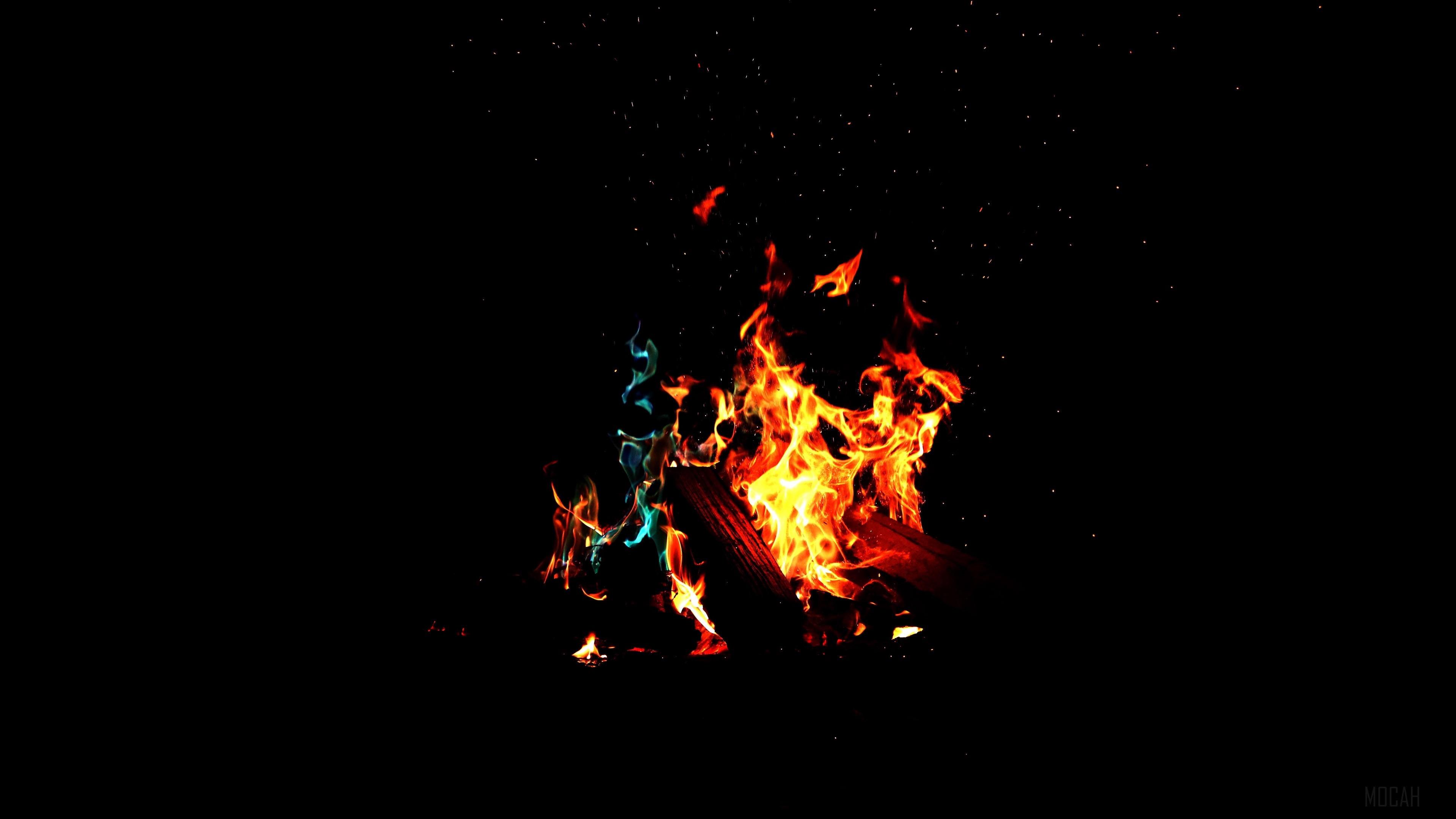 Campfire flames with sparks in dark 4K HD Wallpaper