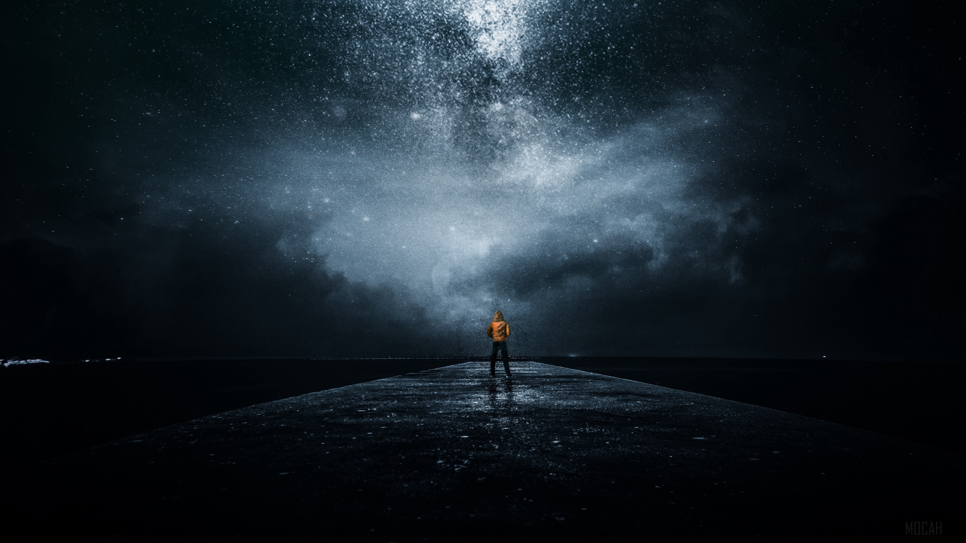 Man standing on a pier under the Milky Way HD Wallpaper
