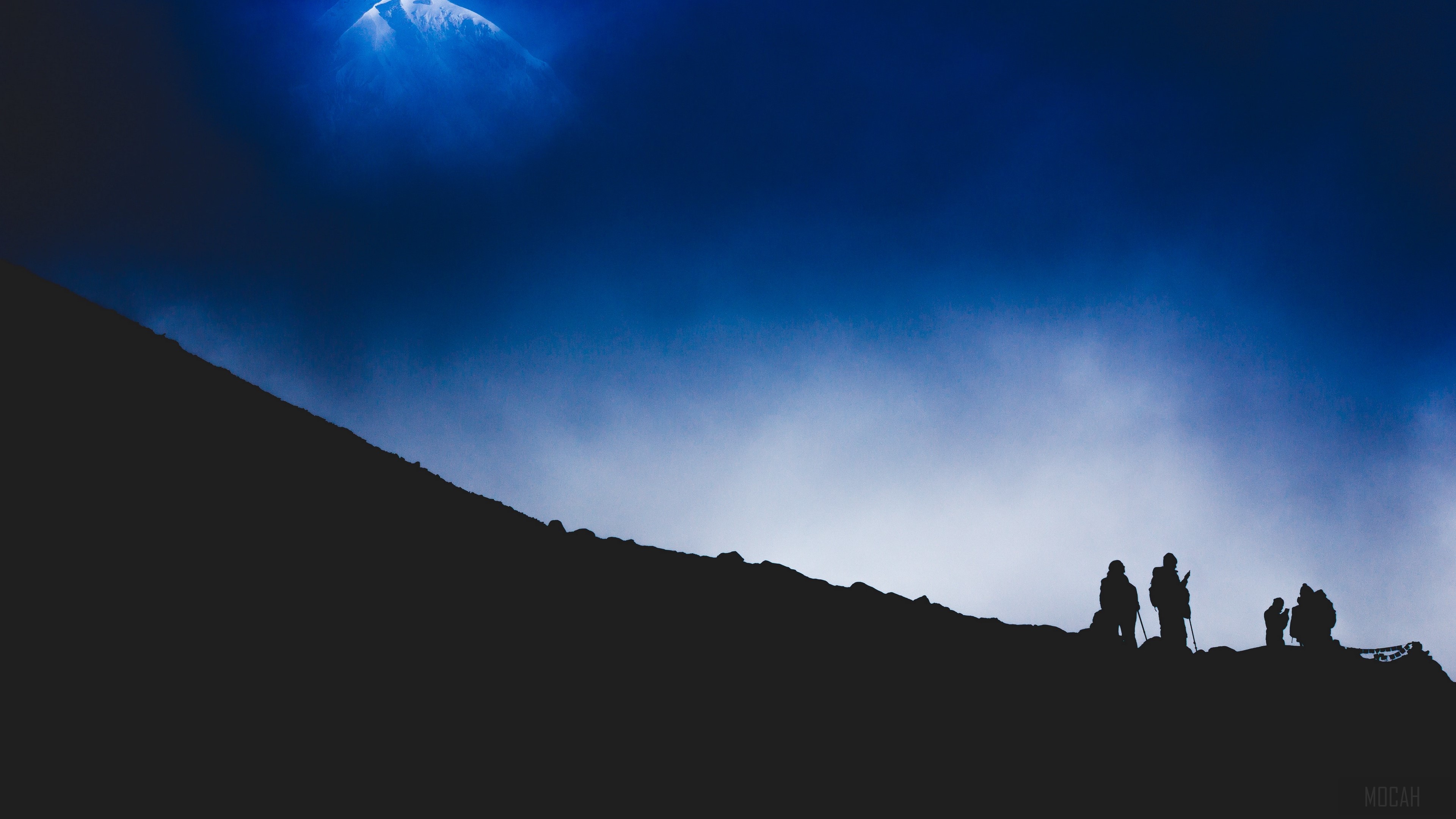 Mountaineers silhouette on a mountain at night 4K HD Wallpaper