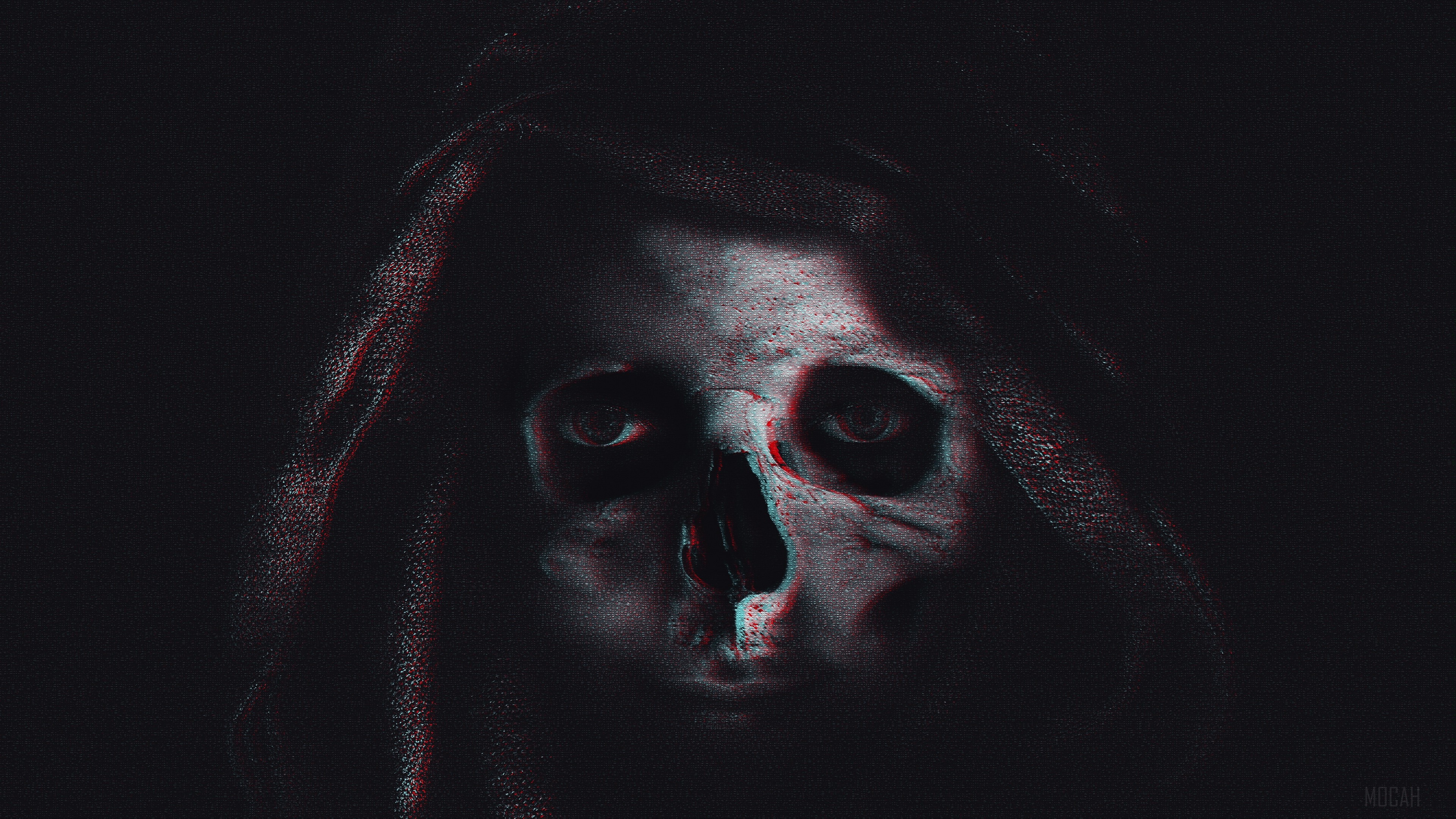 Glitch skull in a hood 4K HD Wallpaper
