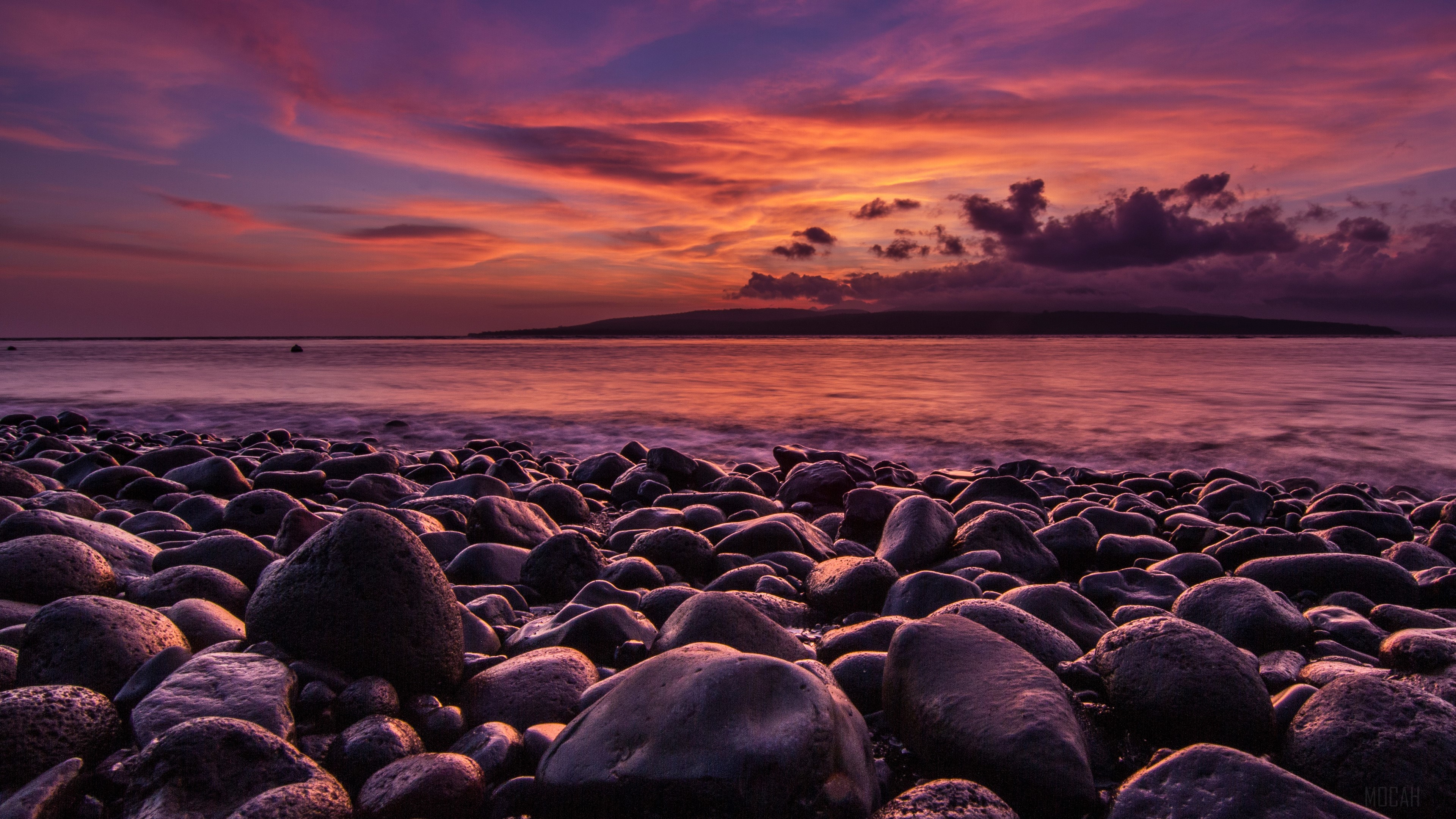 Rocky Beach at Sunset with Island Silhouette HD Wallpaper