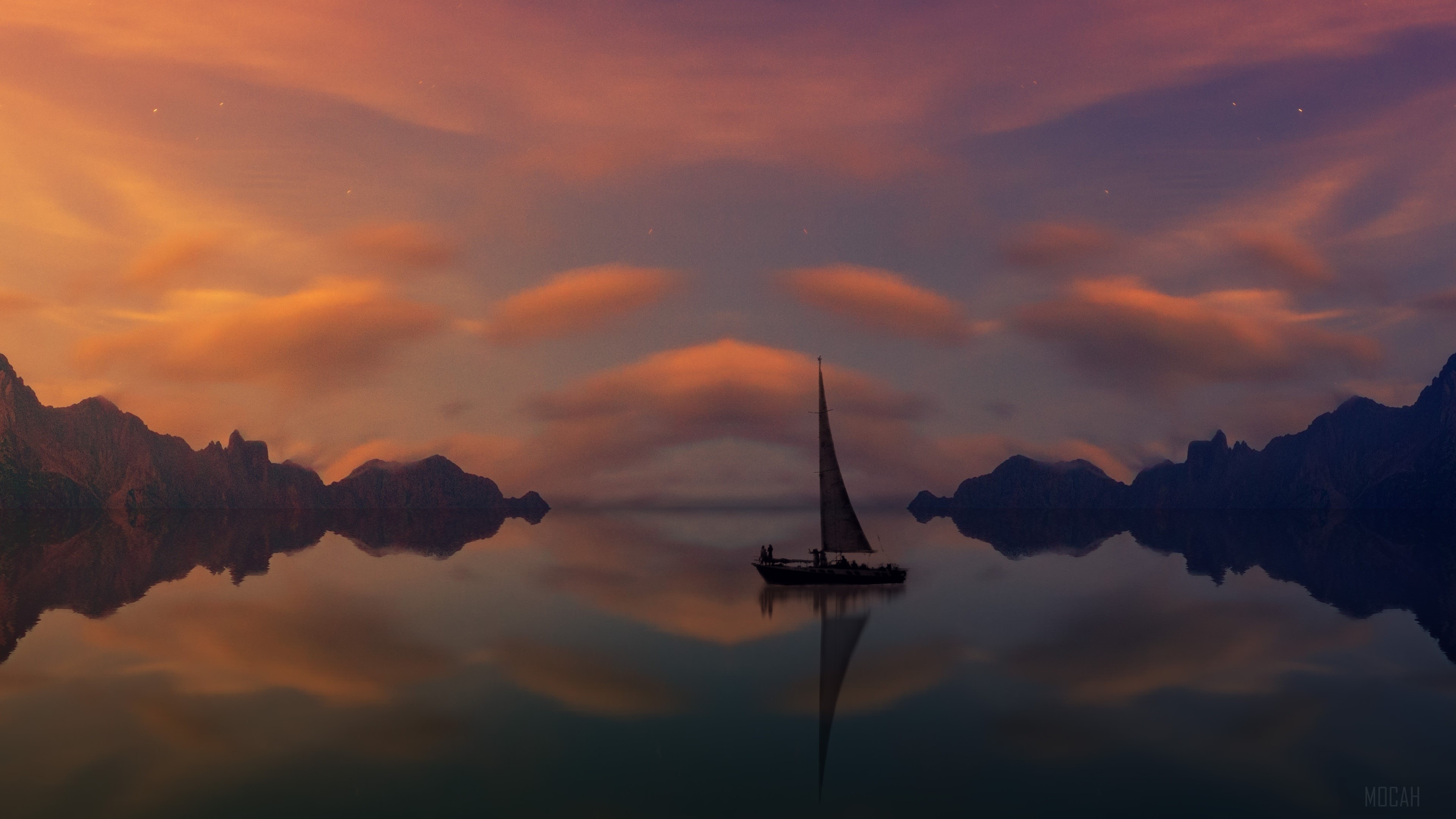 Panorama of a sailboat on a calm lake with mountains at sunset HD Wallpaper