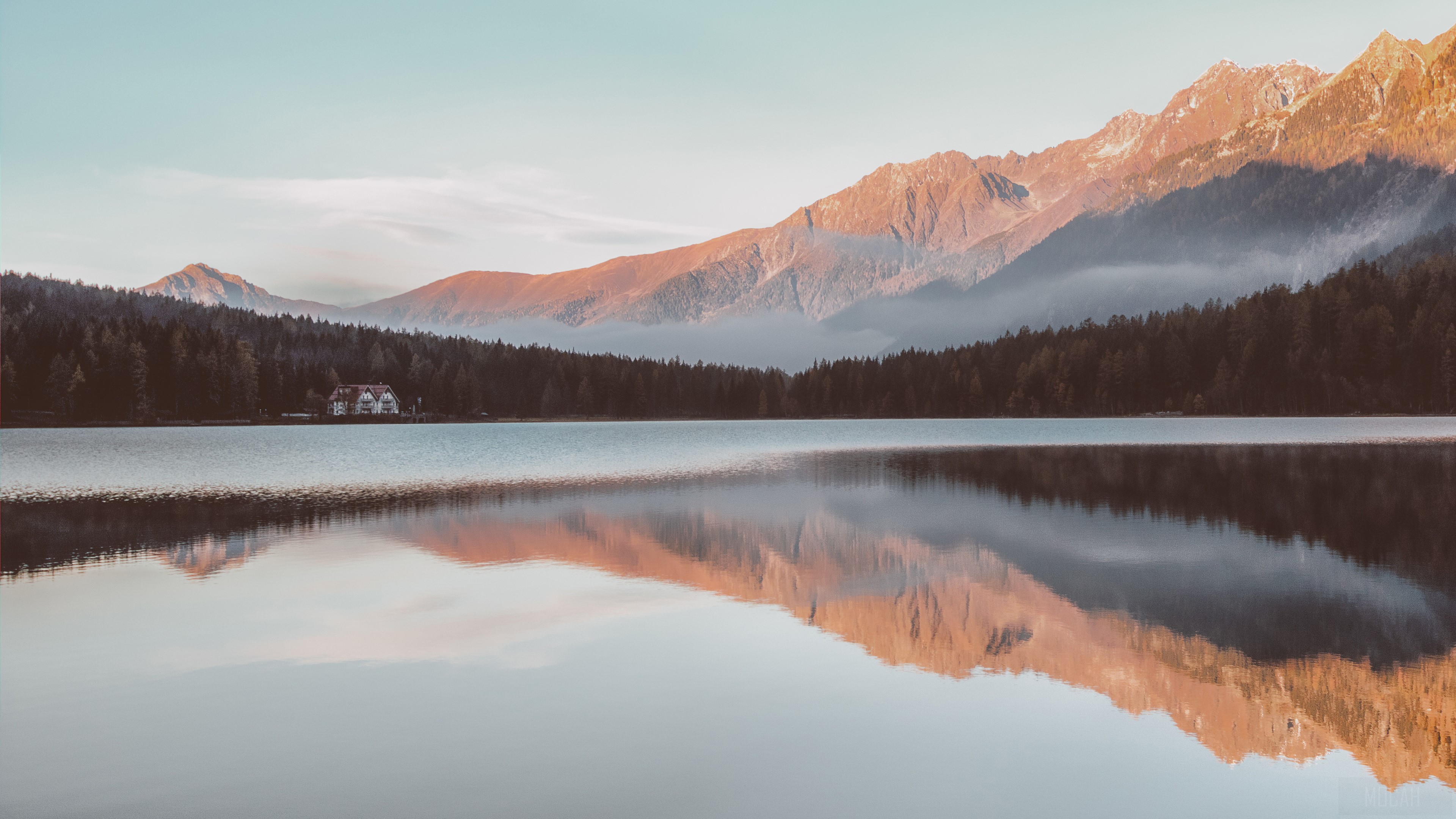Lake reflection of mountains and forest at sunset HD Wallpaper