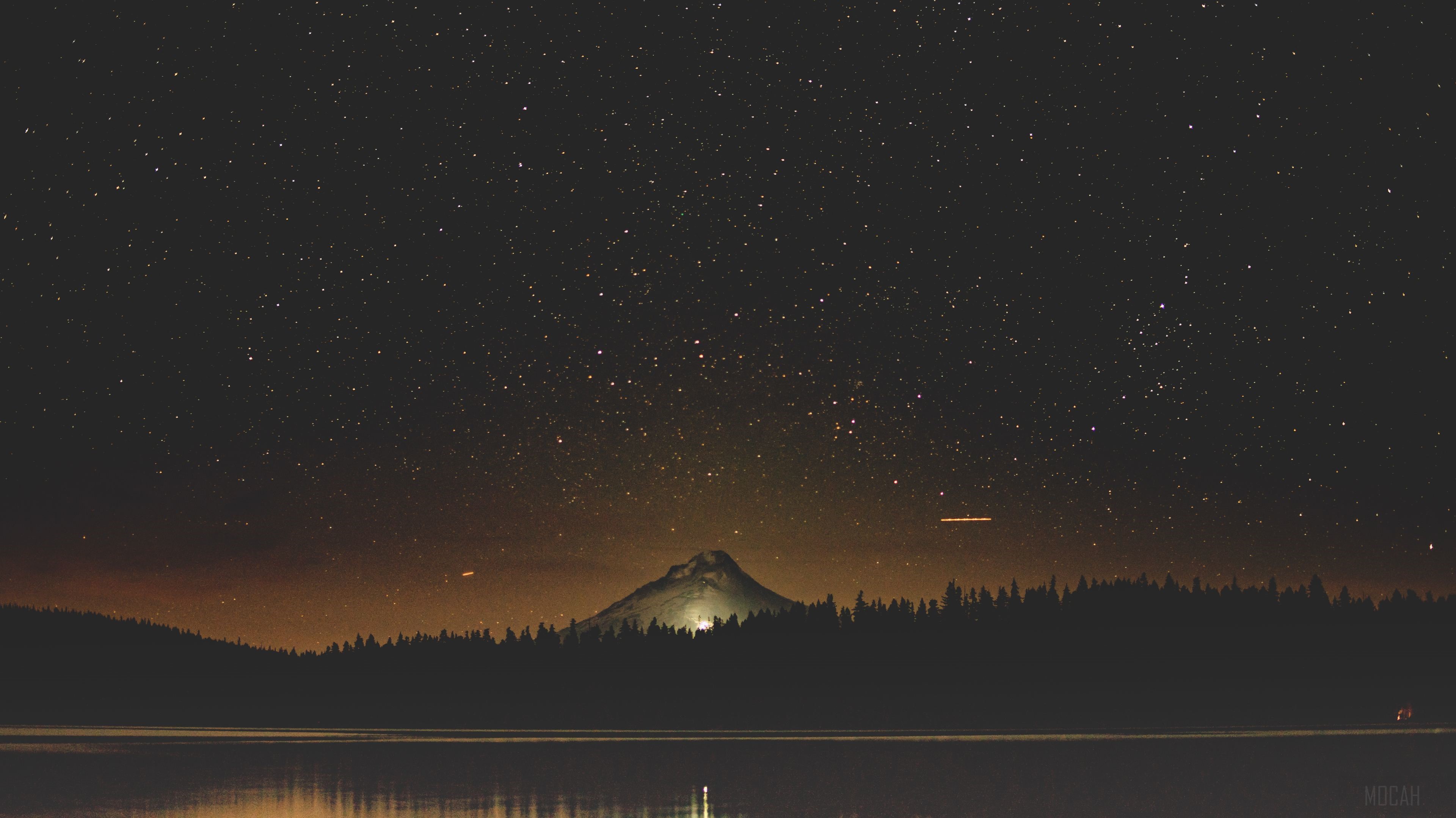 Mt Hood at night with stars and lake reflection HD Wallpaper