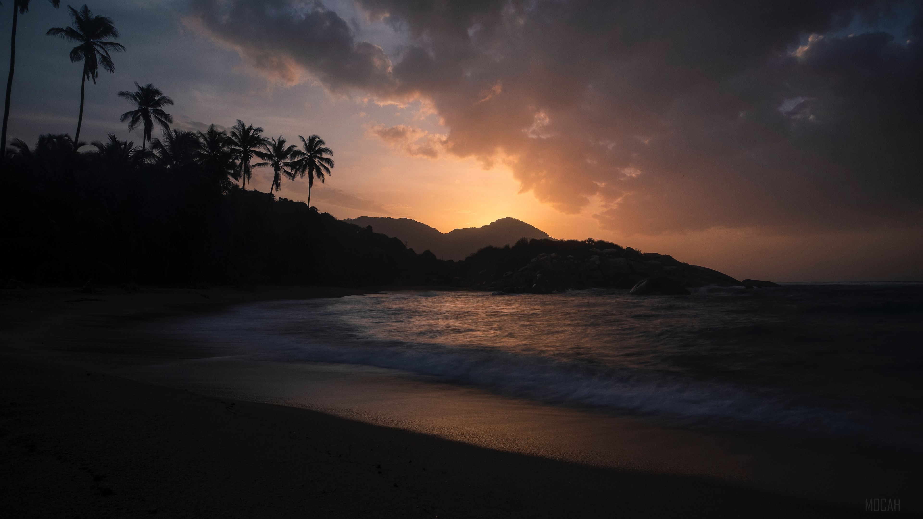 Sunset over a tropical beach with palm trees HD Wallpaper