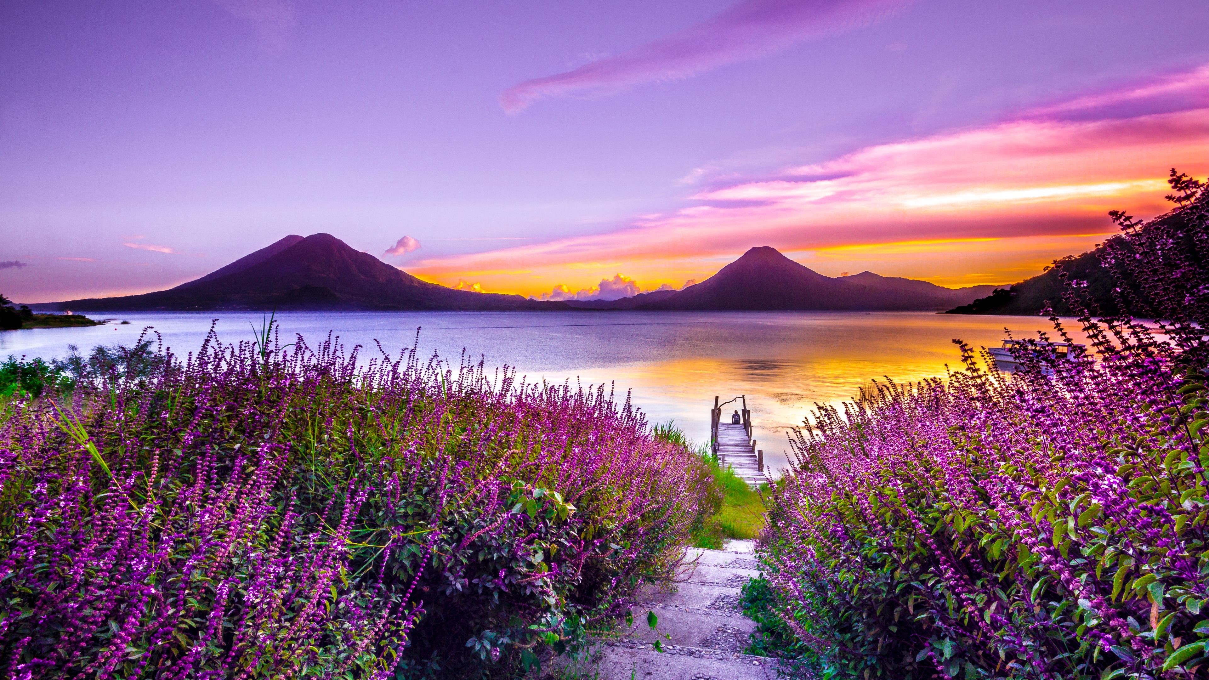 Volcanoes and Flowers at Sunset 4K HD Wallpaper