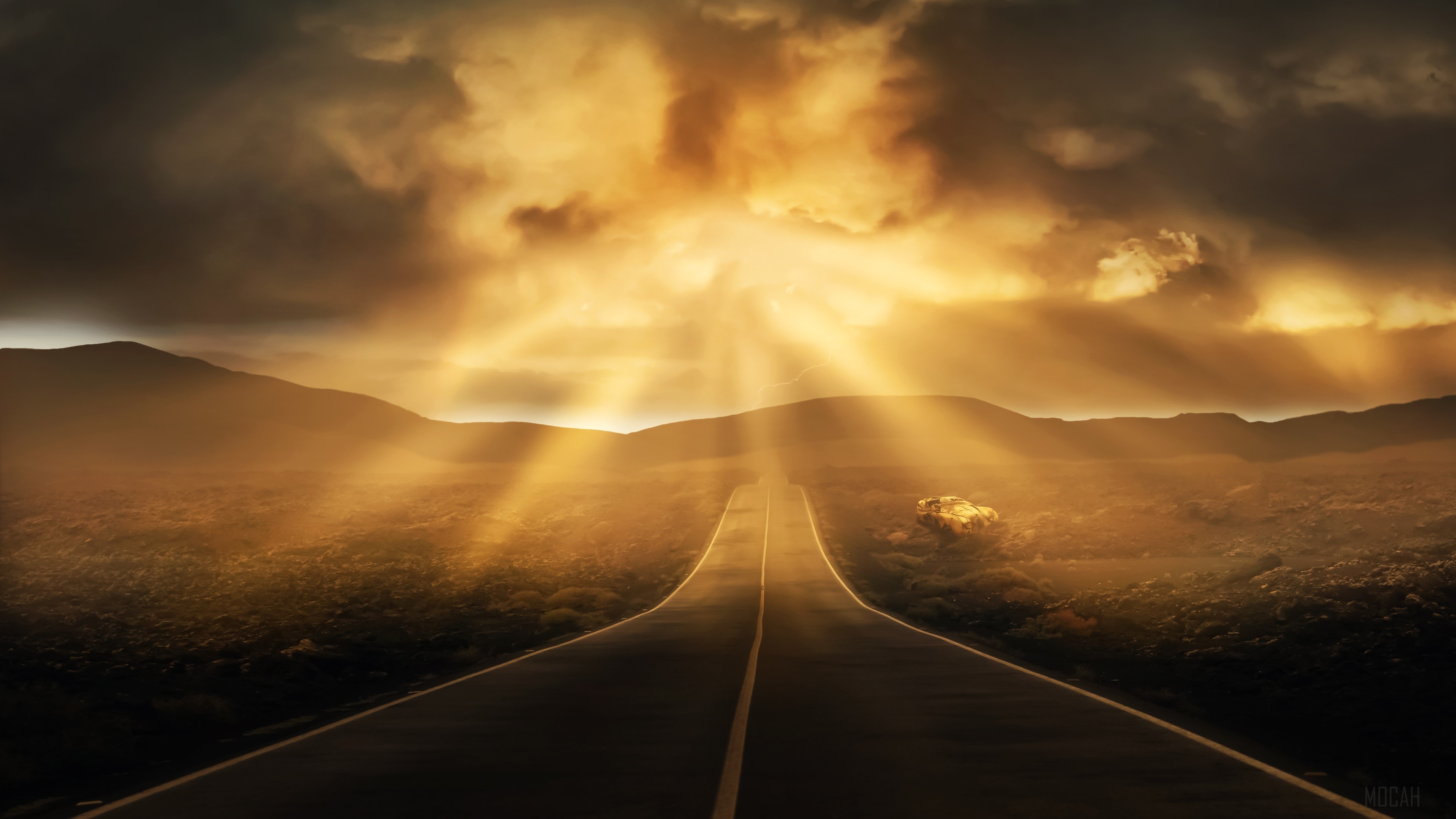 Road landscape with sun rays and mountains 4k HD Wallpaper