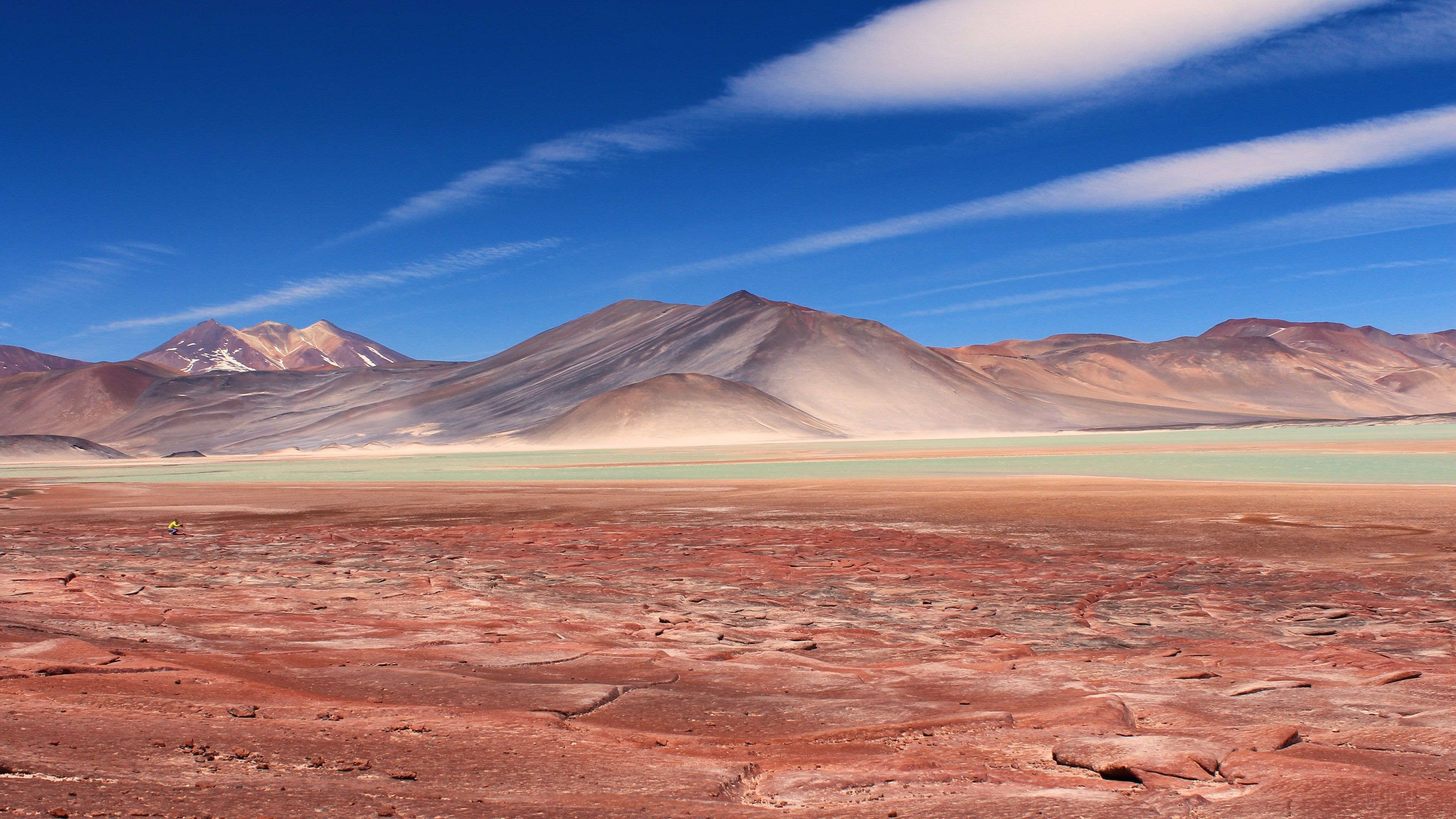 Desert landscape with mountains and a person HD Wallpaper