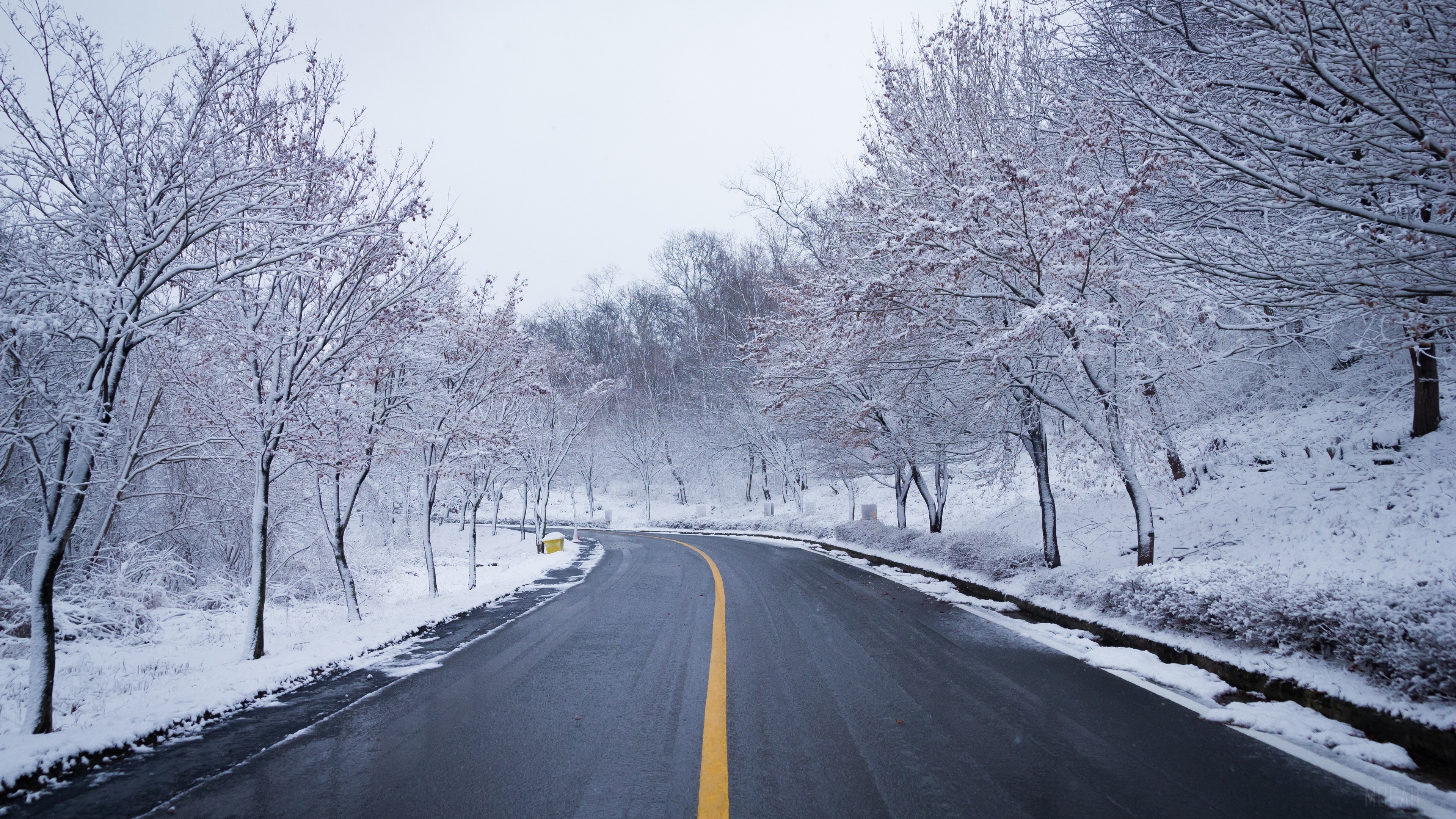 Snow Covered Road in Winter Scenery 4K HD Wallpaper
