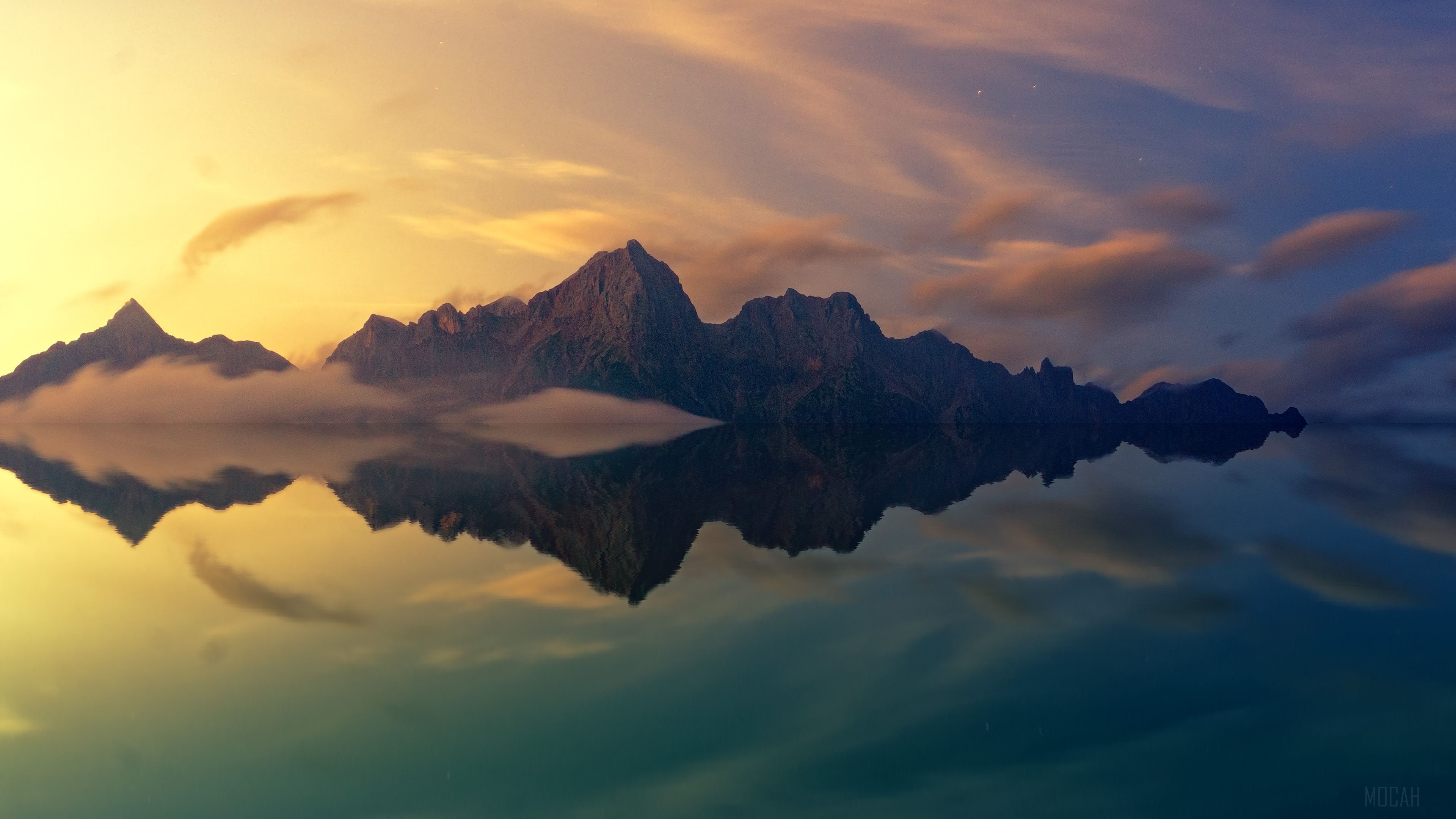 Mountains with Reflection in Water at Sunset 4K HD Wallpaper