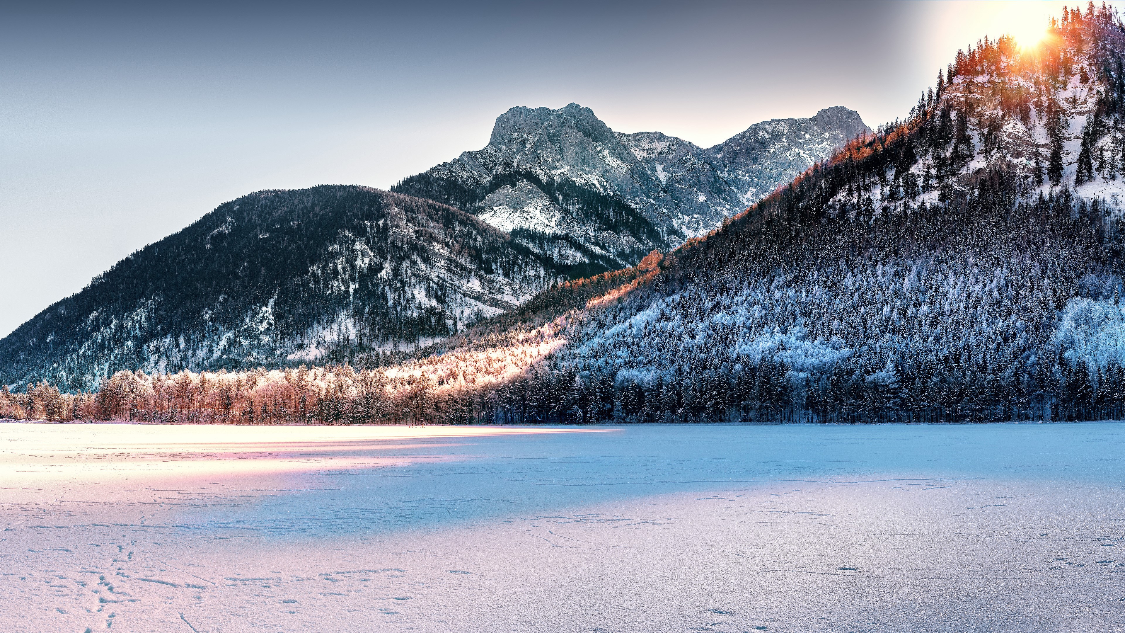 Snow Covered Mountains and Frozen Lake at Sunset HD Wallpaper