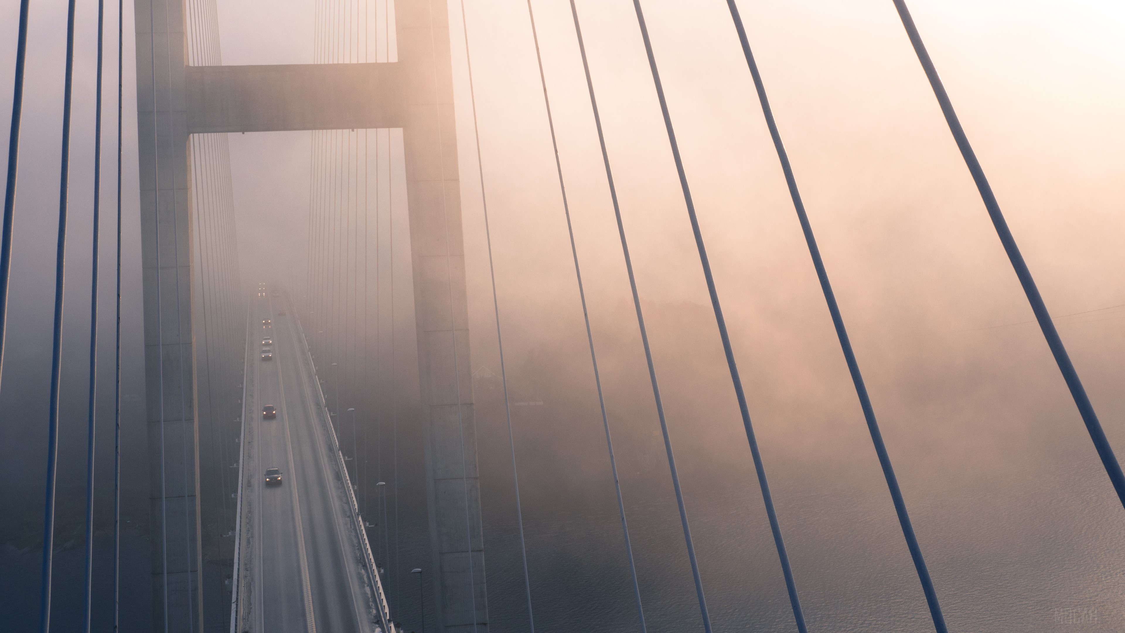 Suspension bridge in fog with cars HD Wallpaper