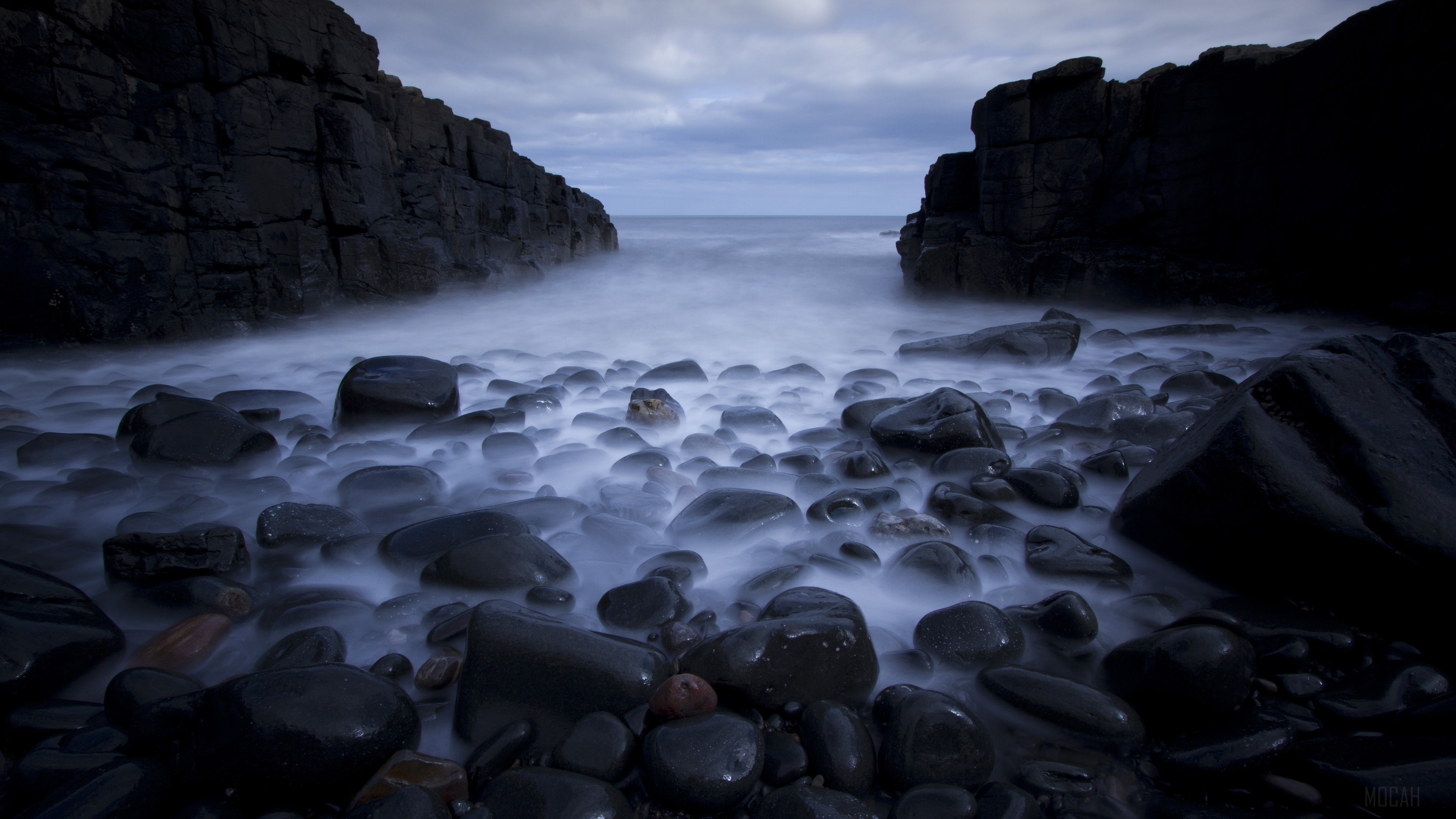 Rocks and Sea at Dusk HD Wallpaper
