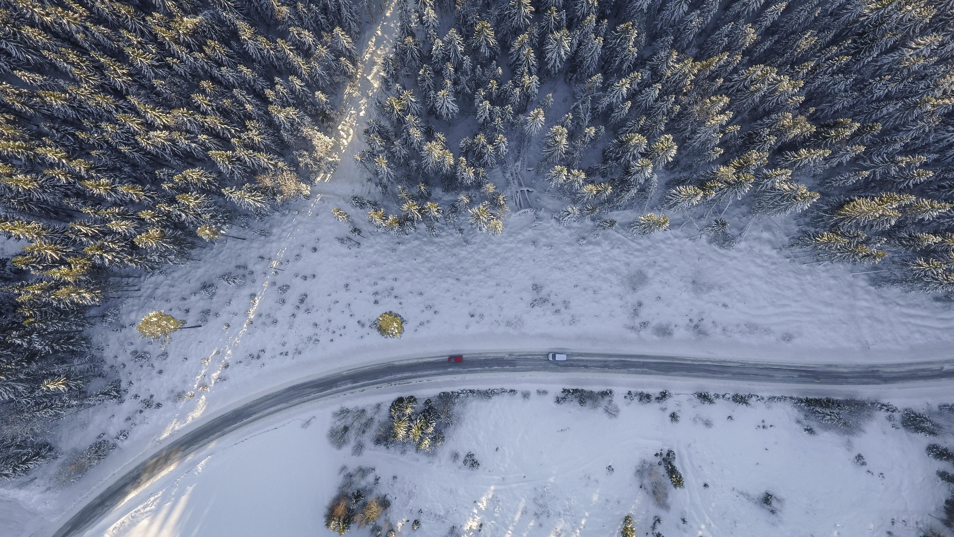 Birds Eye Aerial View of Road and Trees in Winter 4K HD Wallpaper