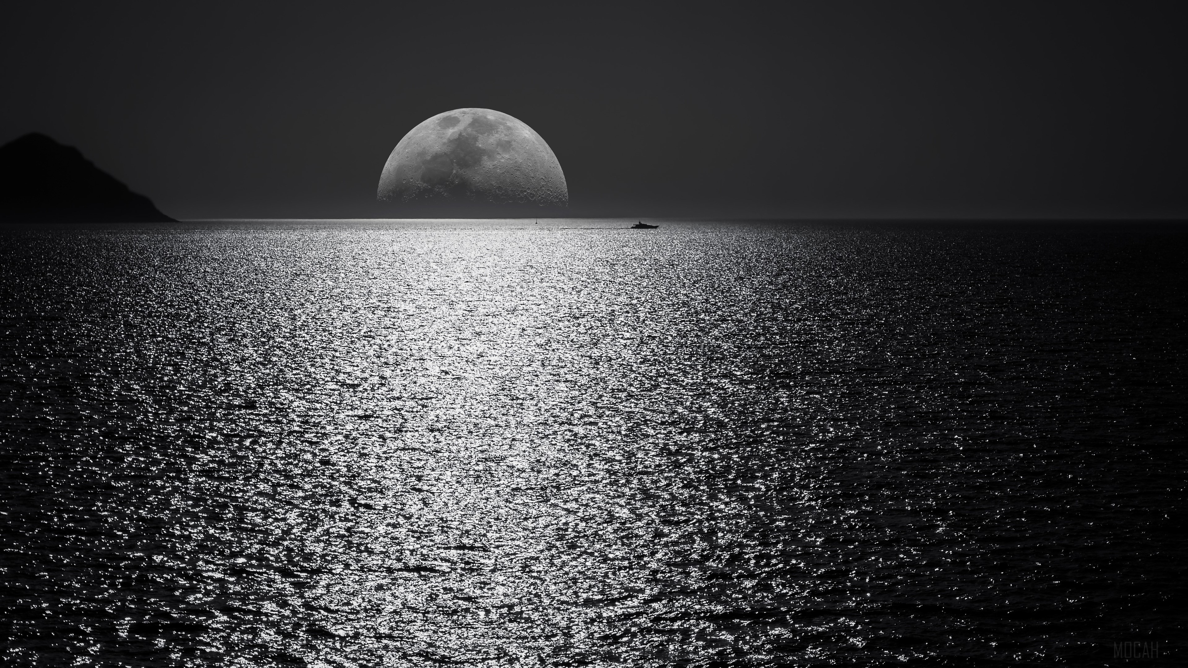 Moon over the ocean with a boat and island HD Wallpaper