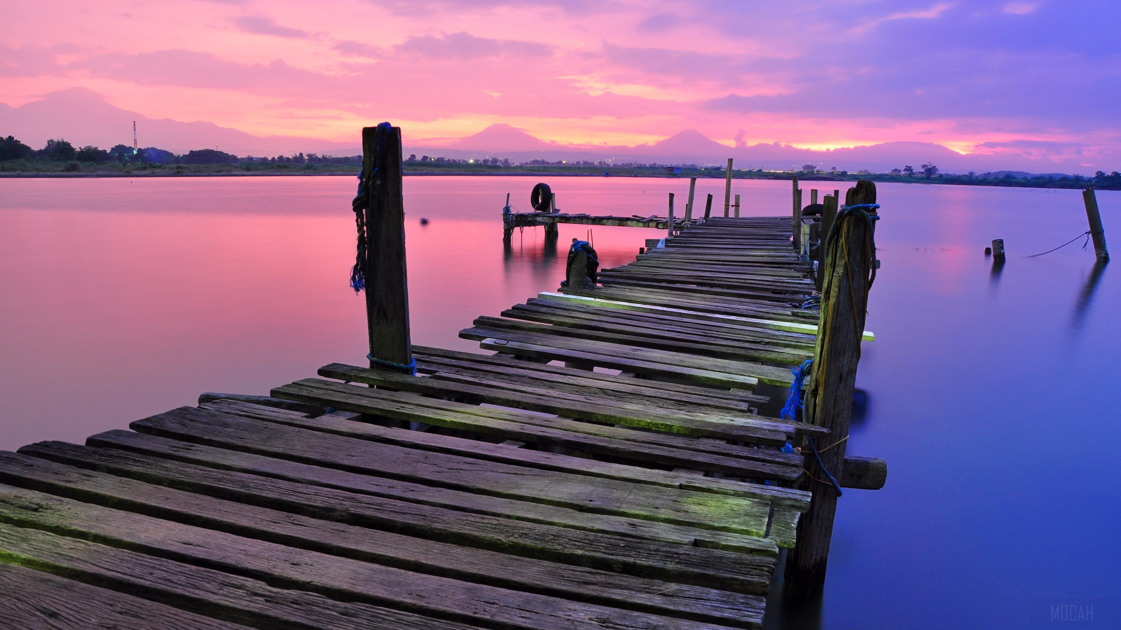 Wooden Dock on Calm Water During Sunset HD Wallpaper